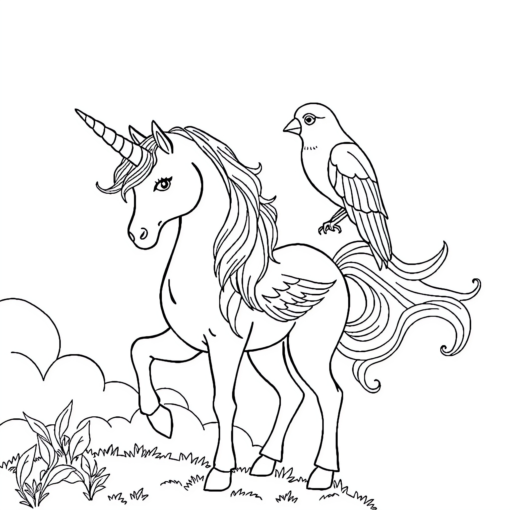 Unicorn and bird in enchanting landscape Coloring Page (free black-and-white line drawing printable PDF for all, from beginners to advanced learners, including children, teens, adults, and seniors)