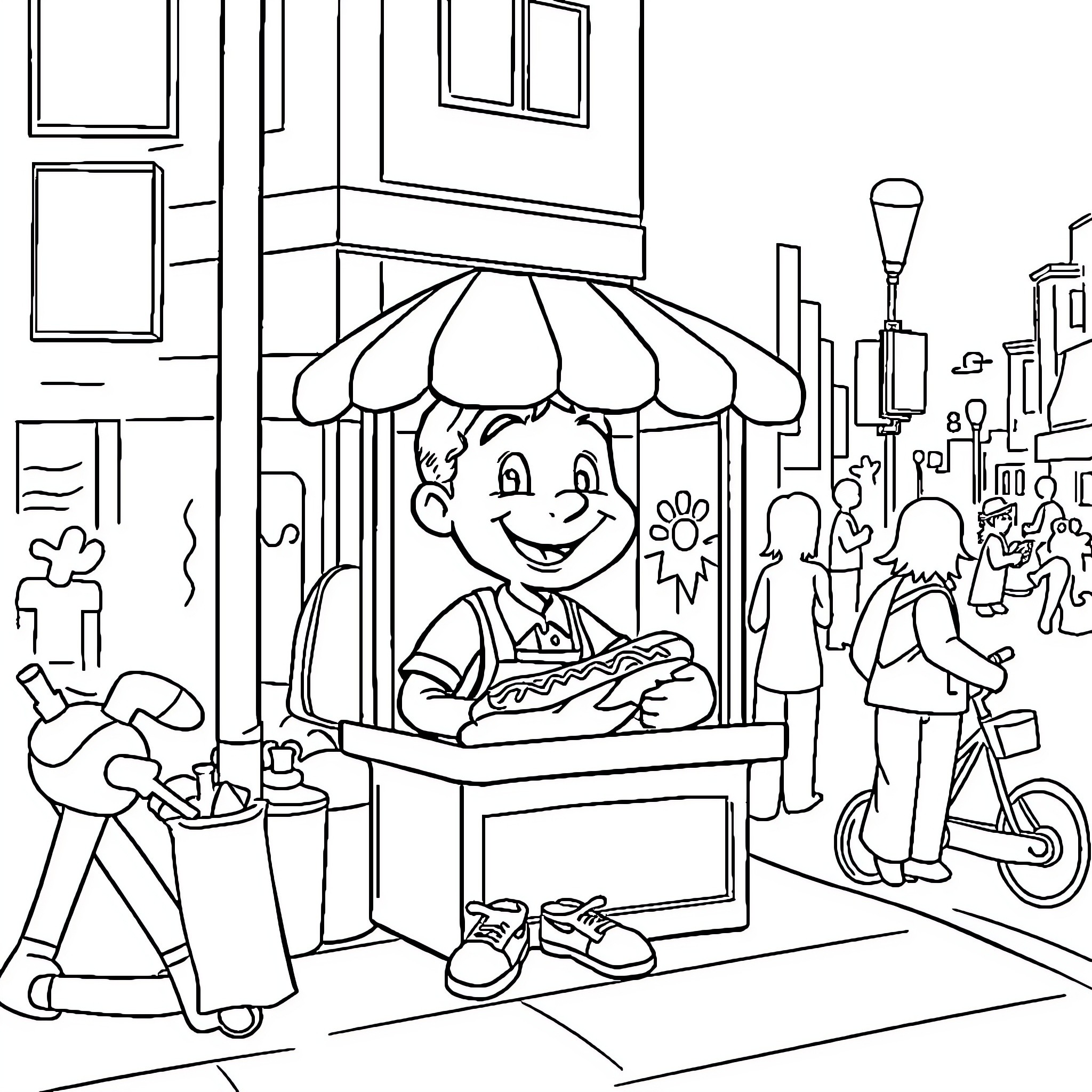 Hotdog Boy Selling Tasty Treats on Bustling Street Coloring Page (free black-and-white line drawing printable PDF for all, from beginners to advanced learners, including children, teens, adults, and seniors)