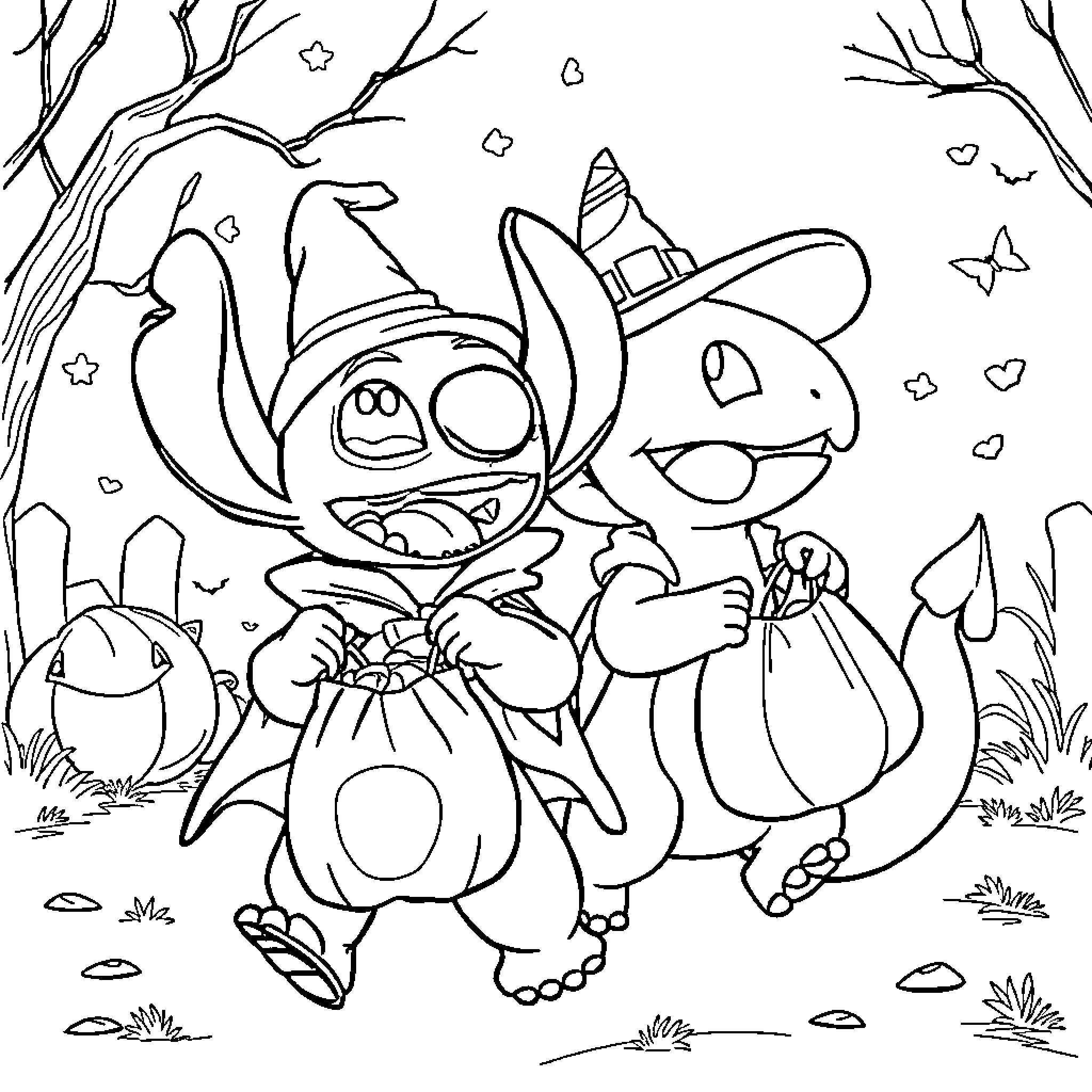 Stitch and Angel trick-or-treating in the forest Coloring Page (free black-and-white line drawing printable PDF for all, from beginners to advanced learners, including children, teens, adults, and seniors)