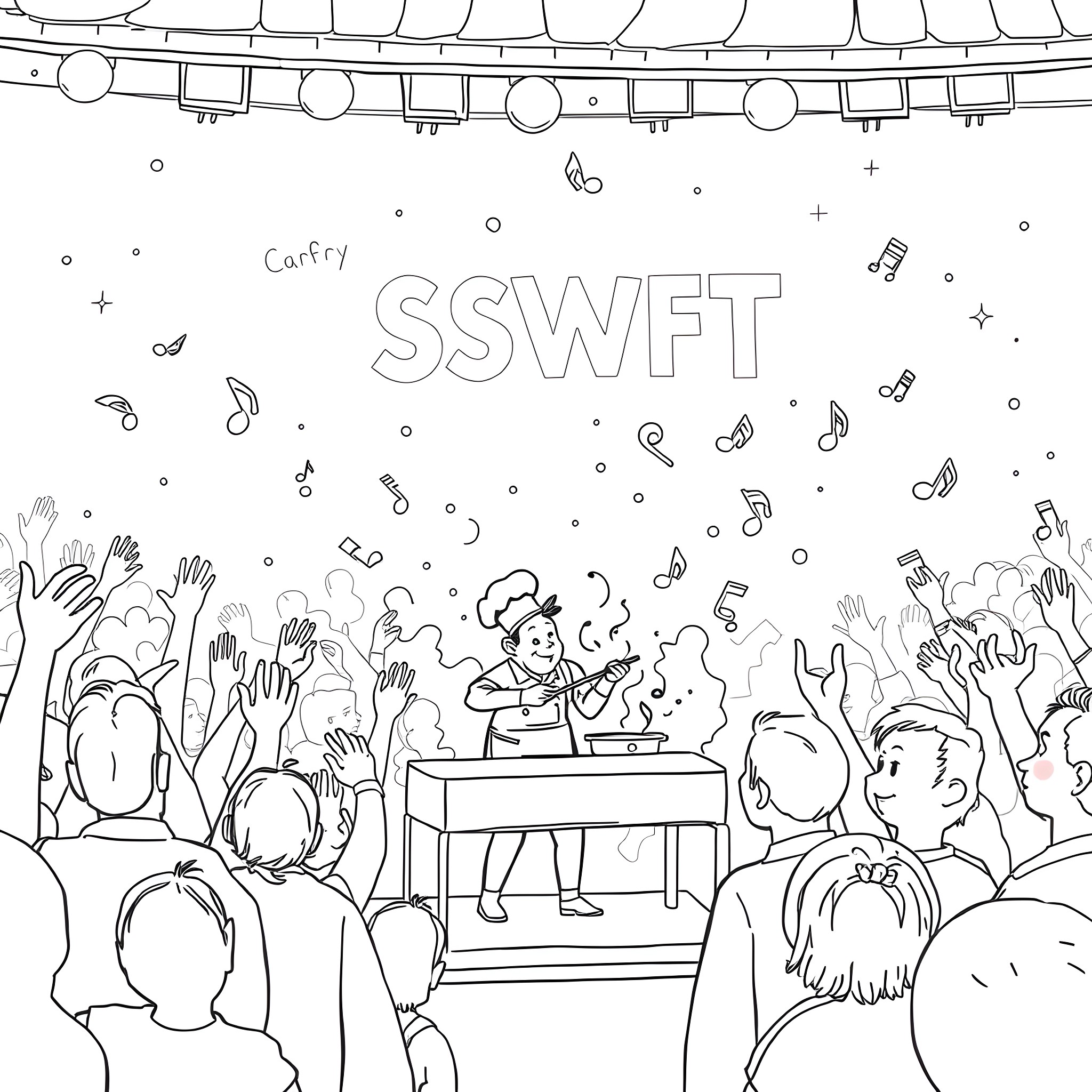 Chef performing on stage at SSWFT event Coloring Page (free black-and-white line drawing printable PDF for all, from beginners to advanced learners, including children, teens, adults, and seniors)