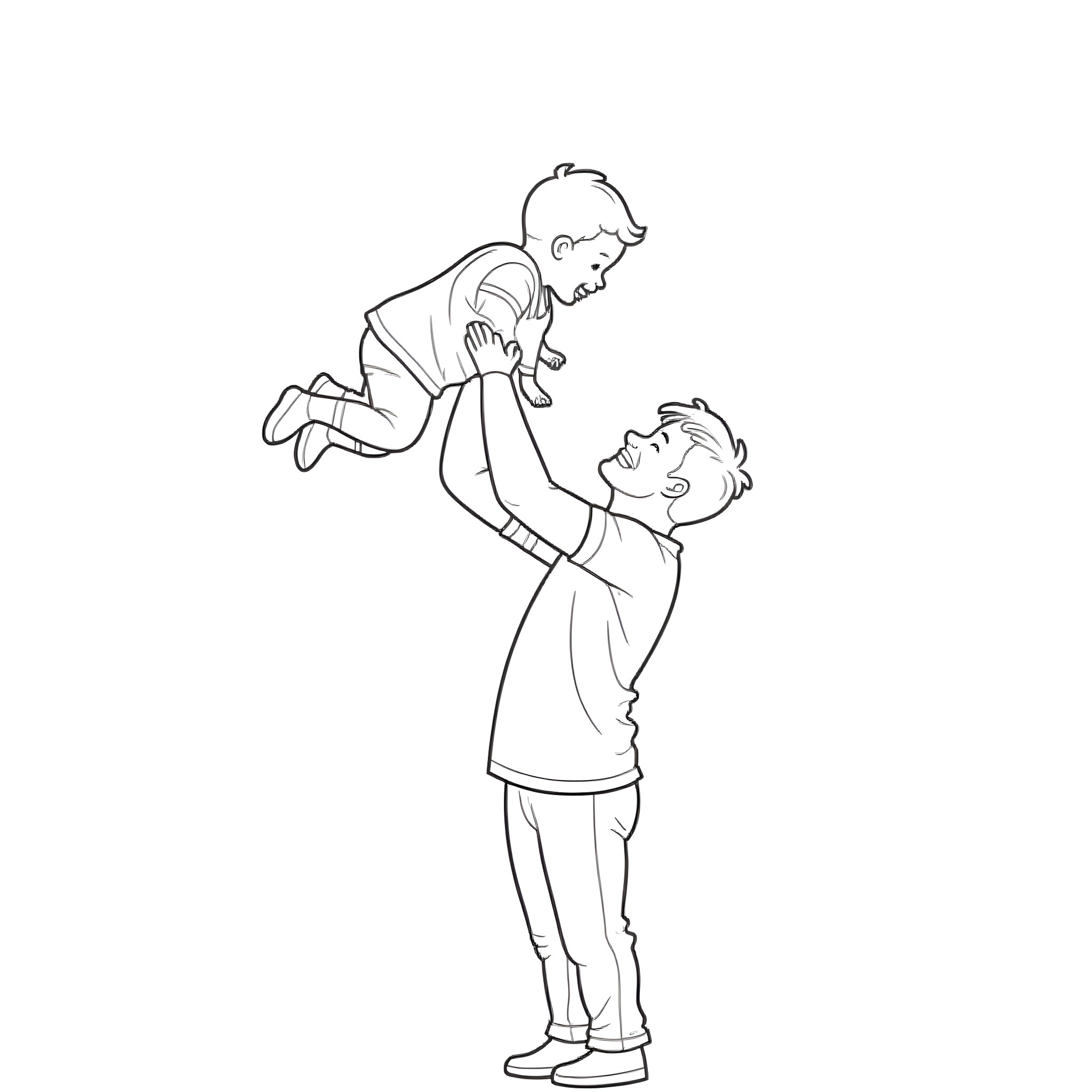 Dad playing joyfully with his child Coloring Page (free black-and-white line drawing printable PDF for all, from beginners to advanced learners, including children, teens, adults, and seniors)