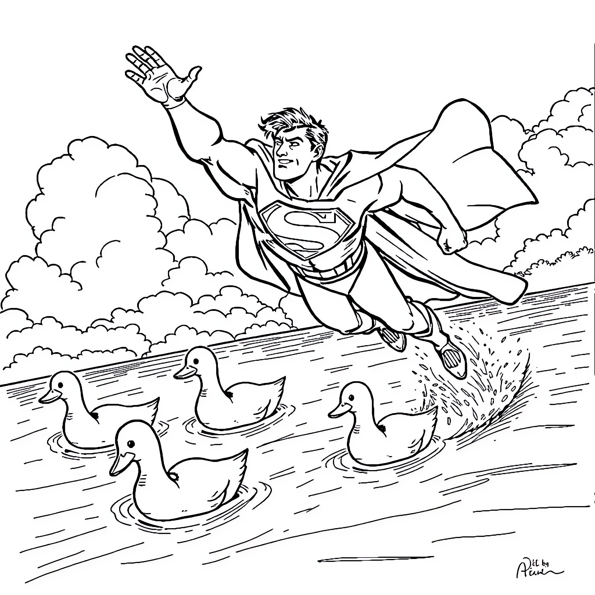 Superman soars over a rural landscape with ducks Coloring Page (free black-and-white line drawing printable PDF for all, from beginners to advanced learners, including children, teens, adults, and seniors)