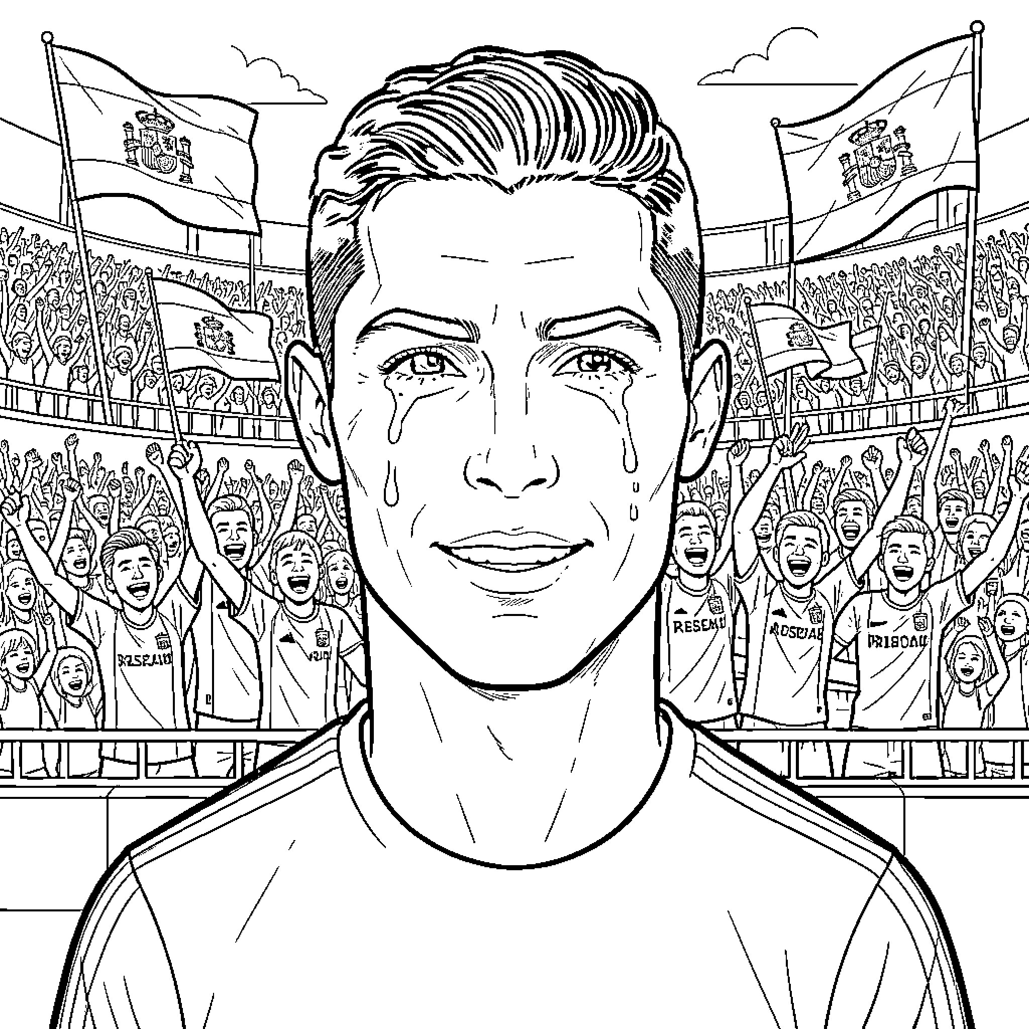 Cristiano Ronaldo crying emotionally in front of cheering fans Coloring Page (free black-and-white line drawing printable PDF for all, from beginners to advanced learners, including children, teens, adults, and seniors)