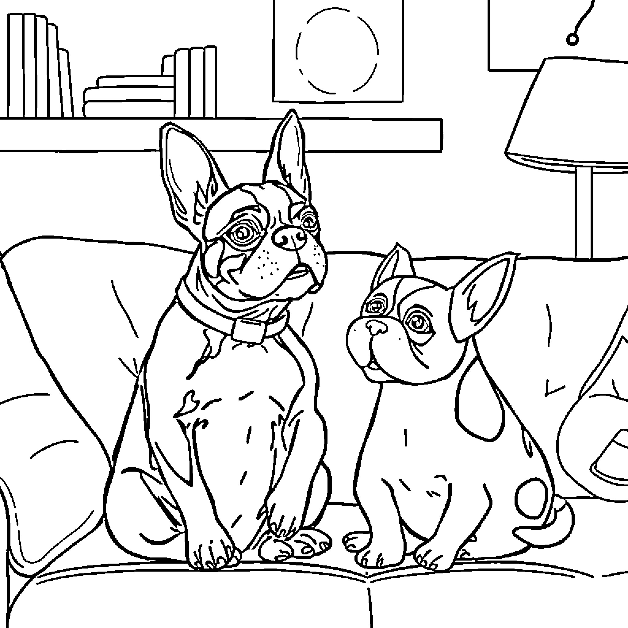 Boston Terriers lounging together in a cozy home Coloring Page (free black-and-white line drawing printable PDF for all, from beginners to advanced learners, including children, teens, adults, and seniors)
