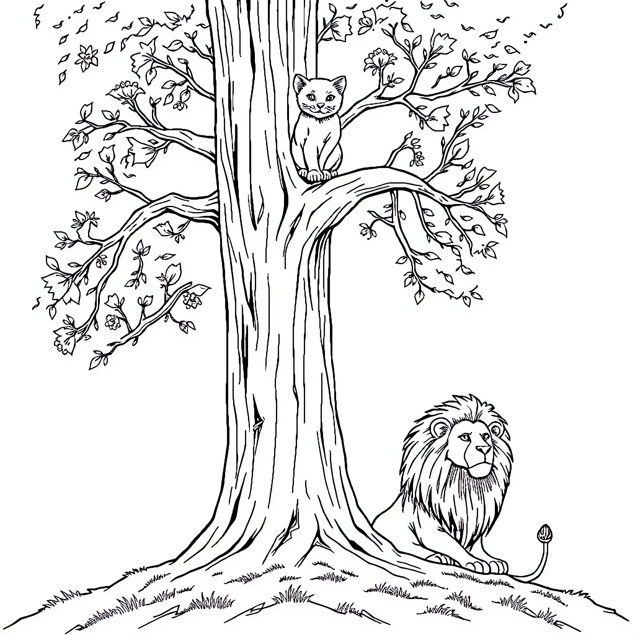 Kitten Hiding in Enchanted Forest Coloring Page (free black-and-white line drawing printable PDF for all, from beginners to advanced learners, including children, teens, adults, and seniors)