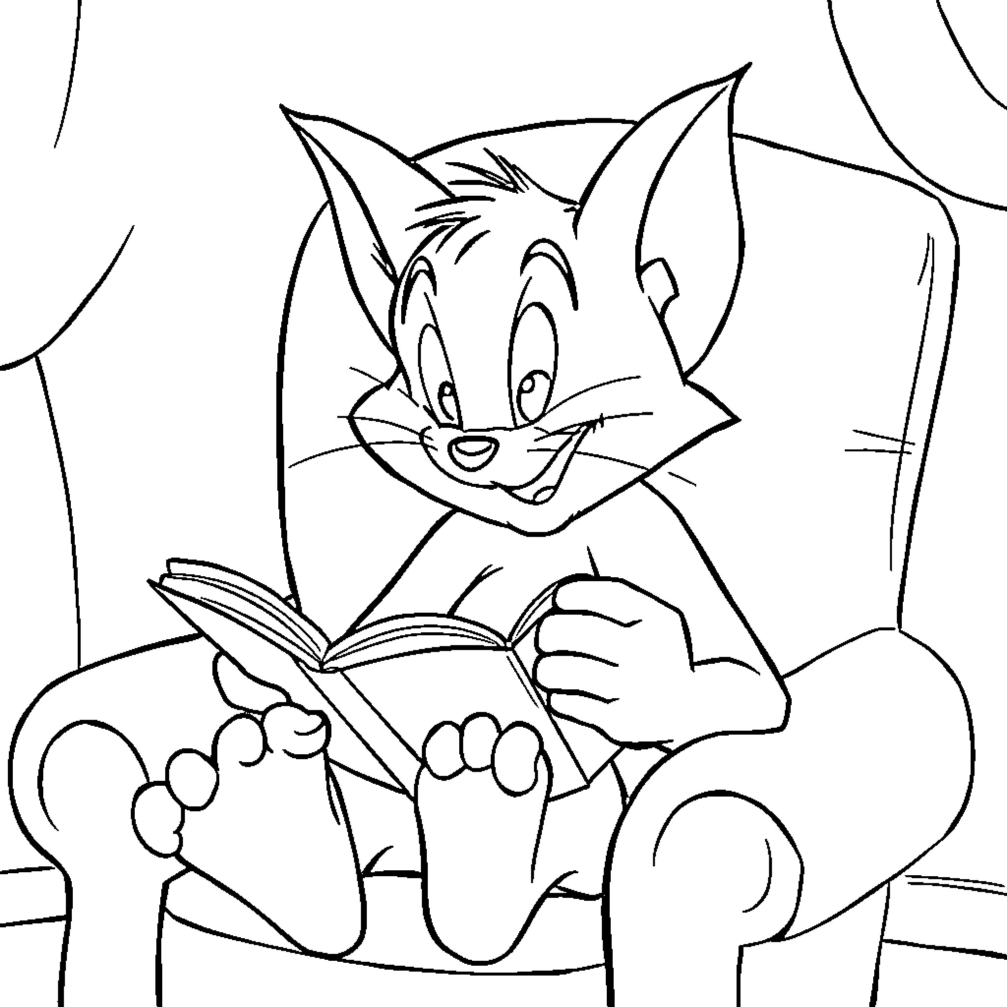 Tom reading a book happily Coloring Page (free black-and-white line drawing printable PDF for all, from beginners to advanced learners, including children, teens, adults, and seniors)