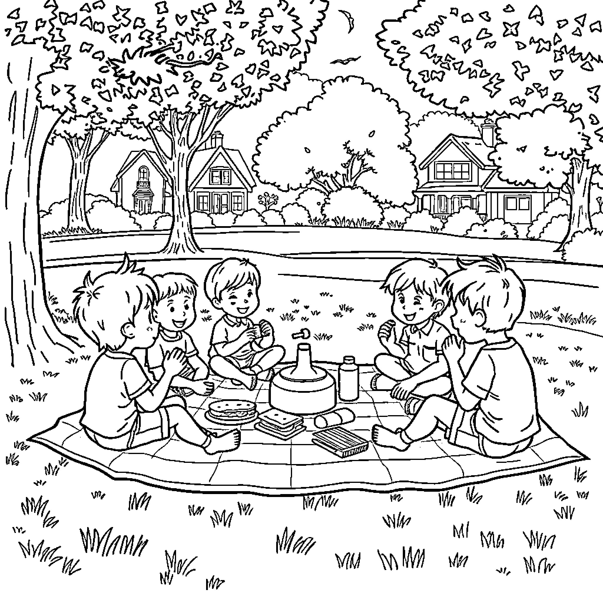 Kid's Picnic in the Park Coloring Page (free black-and-white line drawing printable PDF for all, from beginners to advanced learners, including children, teens, adults, and seniors)