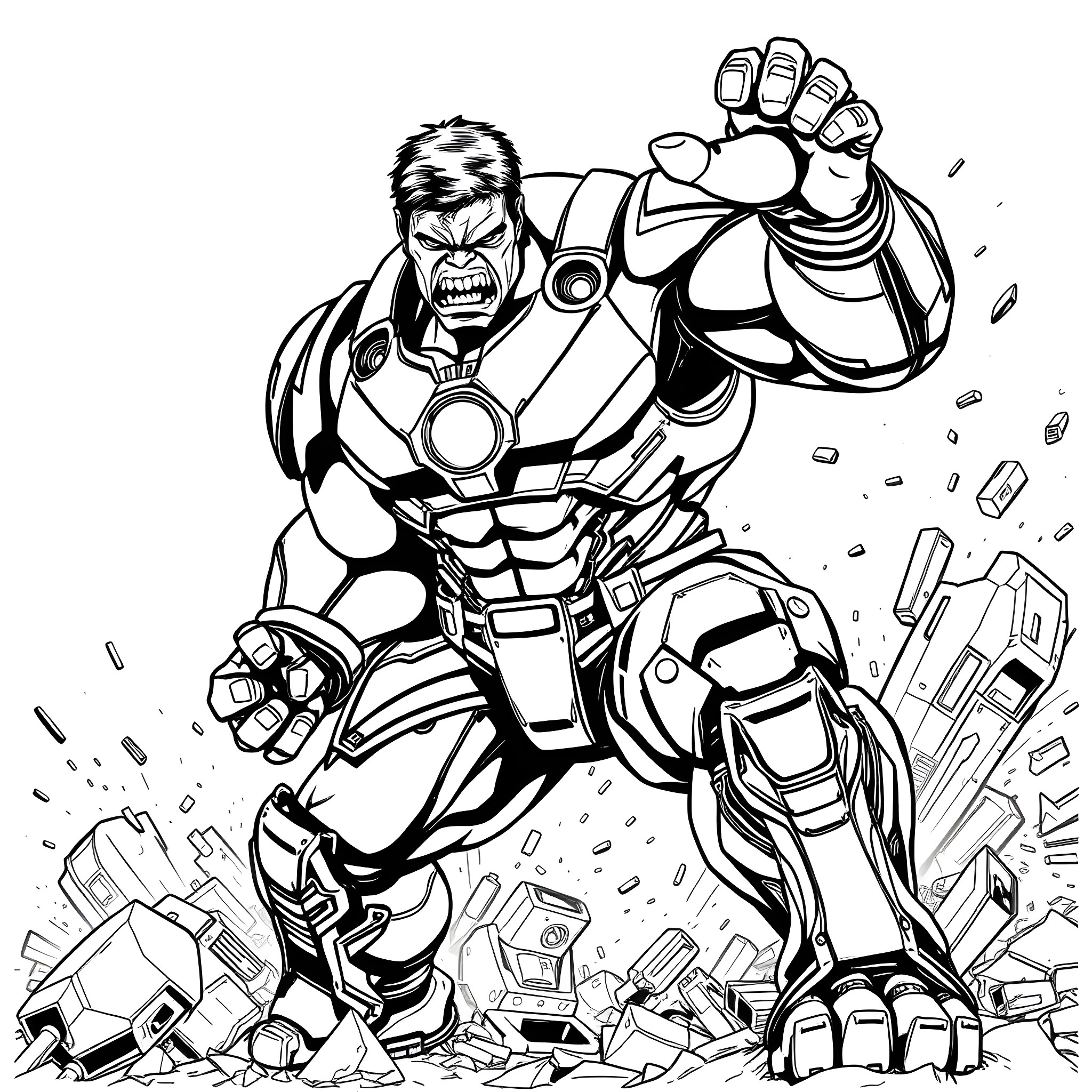 Hulk smashing through debris in action pose Coloring Page (free black-and-white line drawing printable PDF for all, from beginners to advanced learners, including children, teens, adults, and seniors)