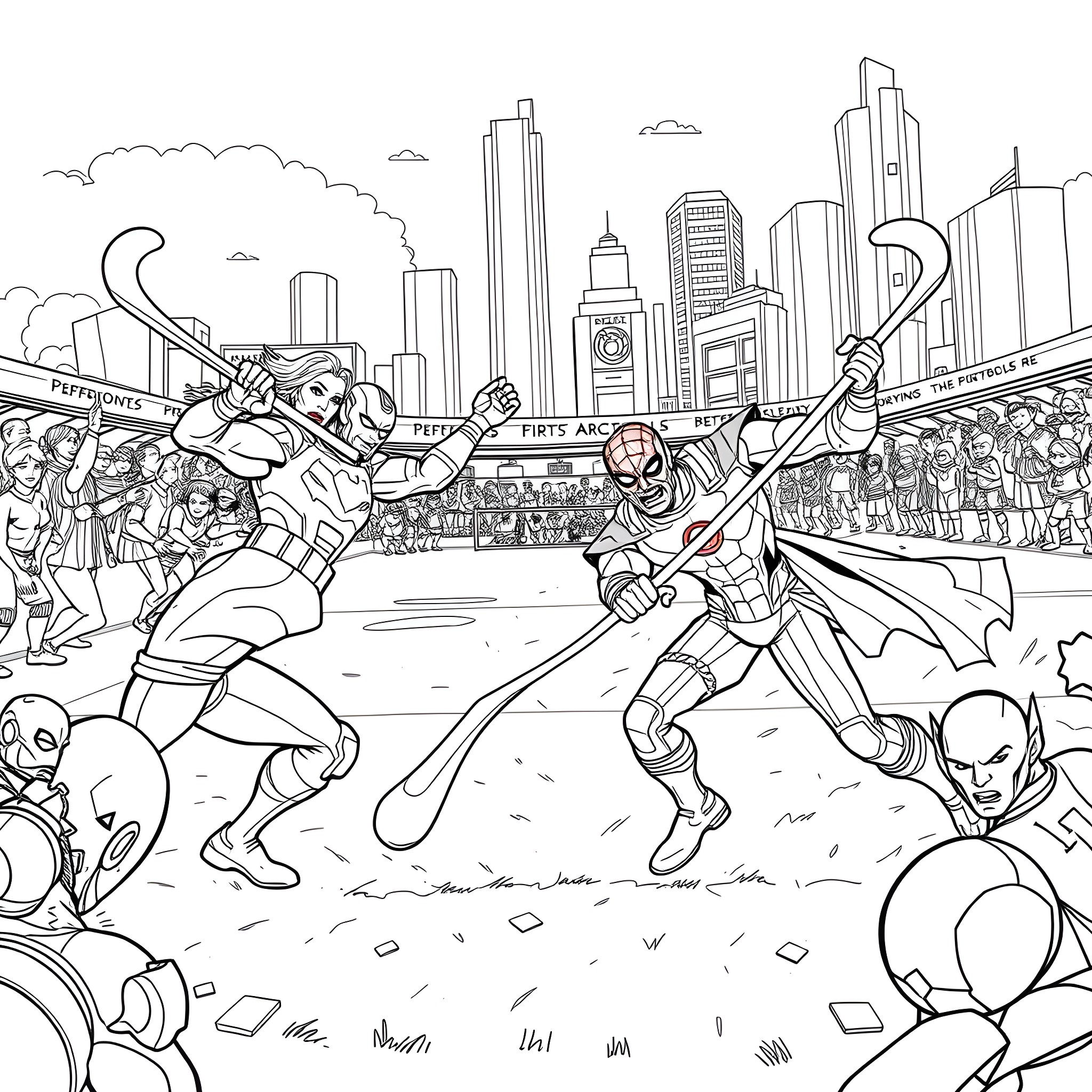 Marvel Characters in an Epic Battle Scene Coloring Page (free black-and-white line drawing printable PDF for all, from beginners to advanced learners, including children, teens, adults, and seniors)