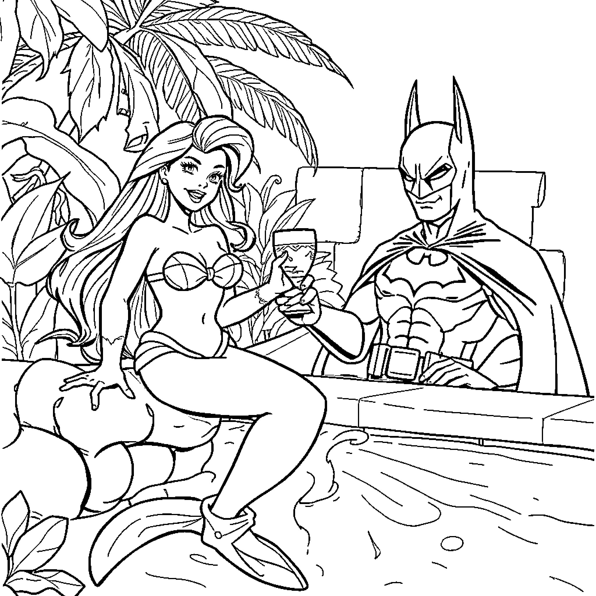 Sirenita enjoying a tropical vacation with Batman Coloring Page (free black-and-white line drawing printable PDF for all, from beginners to advanced learners, including children, teens, adults, and seniors)