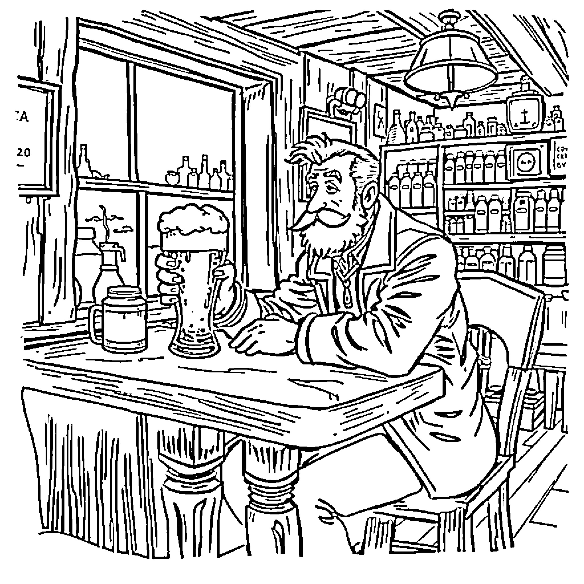Irishman relaxing in a cozy pub interior Coloring Page (free black-and-white line drawing printable PDF for all, from beginners to advanced learners, including children, teens, adults, and seniors)