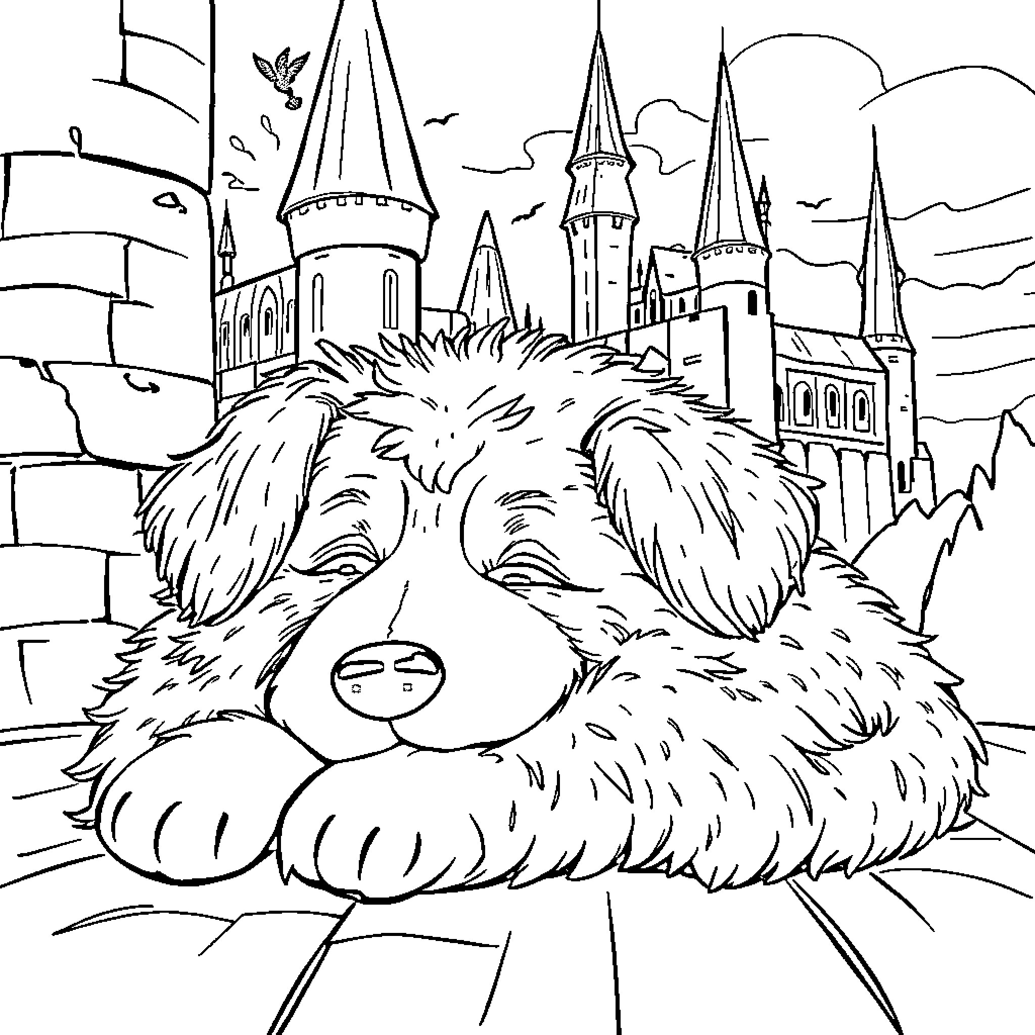 Fluffy creature napping in front of a magical castle Coloring Page (free black-and-white line drawing printable PDF for all, from beginners to advanced learners, including children, teens, adults, and seniors)