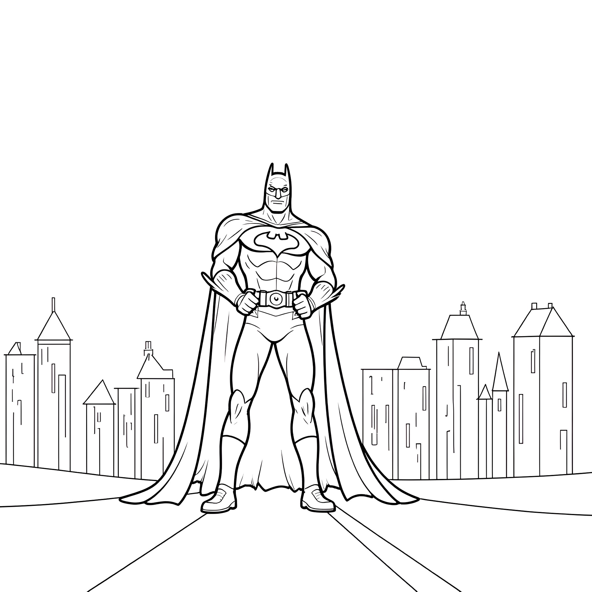 Batman standing heroically in the city Coloring Page (free black-and-white line drawing printable PDF for all, from beginners to advanced learners, including children, teens, adults, and seniors)