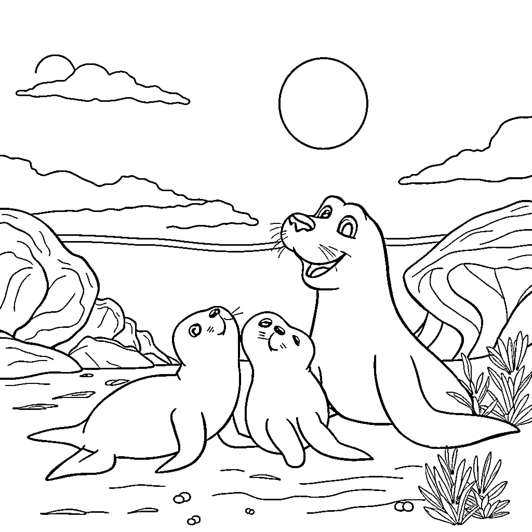 Barney and Friends Explore the Prehistoric Landscape Coloring Page (free black-and-white line drawing printable PDF for all, from beginners to advanced learners, including children, teens, adults, and seniors)