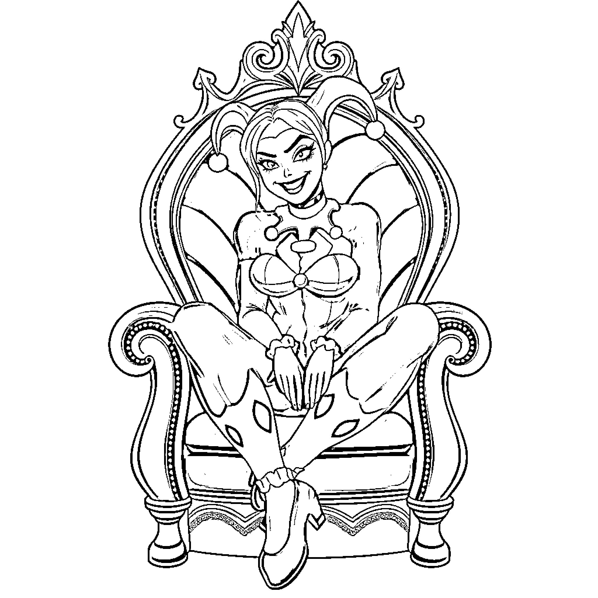 Harley Quinn in a Whimsical Throne Coloring Page (free black-and-white line drawing printable PDF for all, from beginners to advanced learners, including children, teens, adults, and seniors)