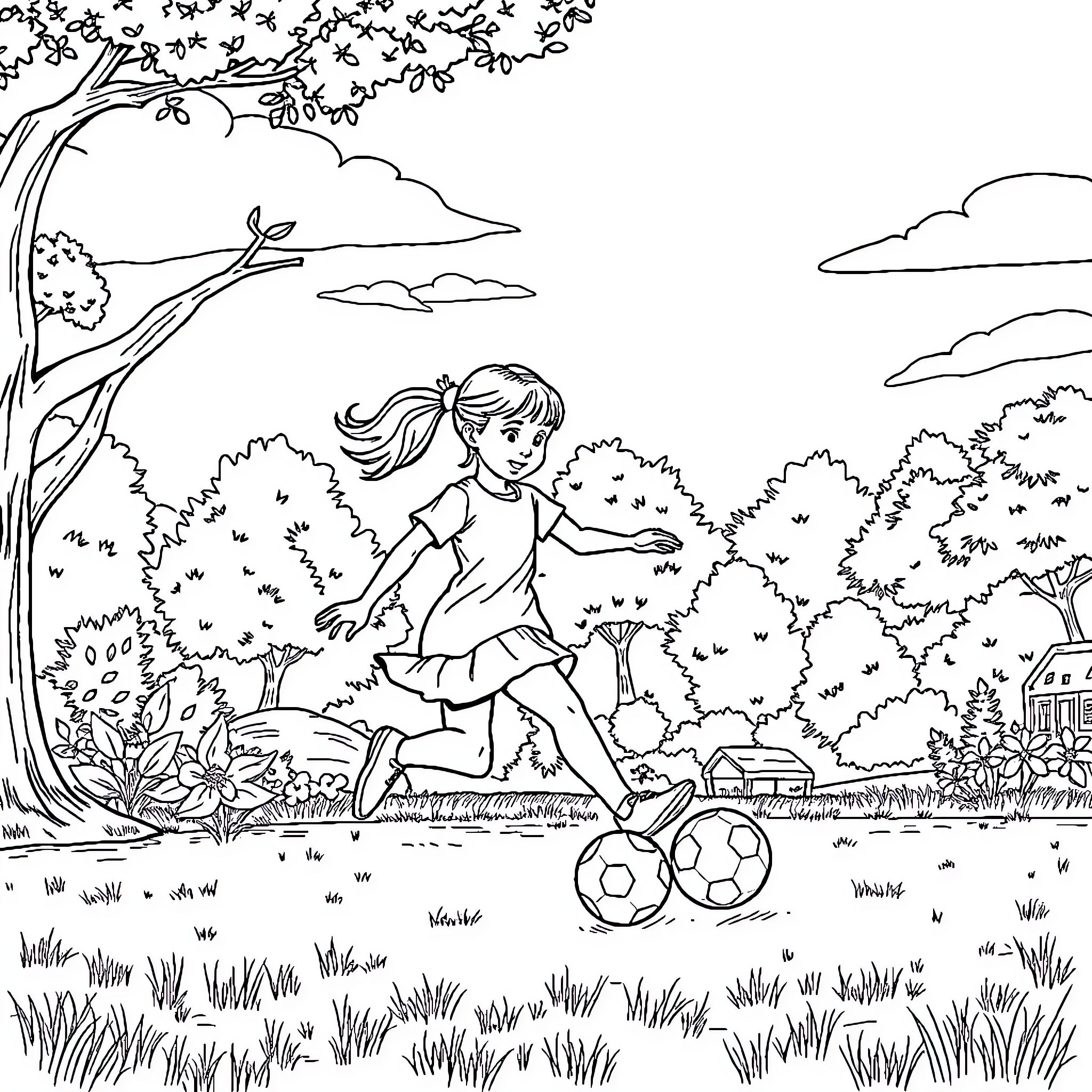Girl playing with soccer balls in the park Coloring Page (free black-and-white line drawing printable PDF for all, from beginners to advanced learners, including children, teens, adults, and seniors)