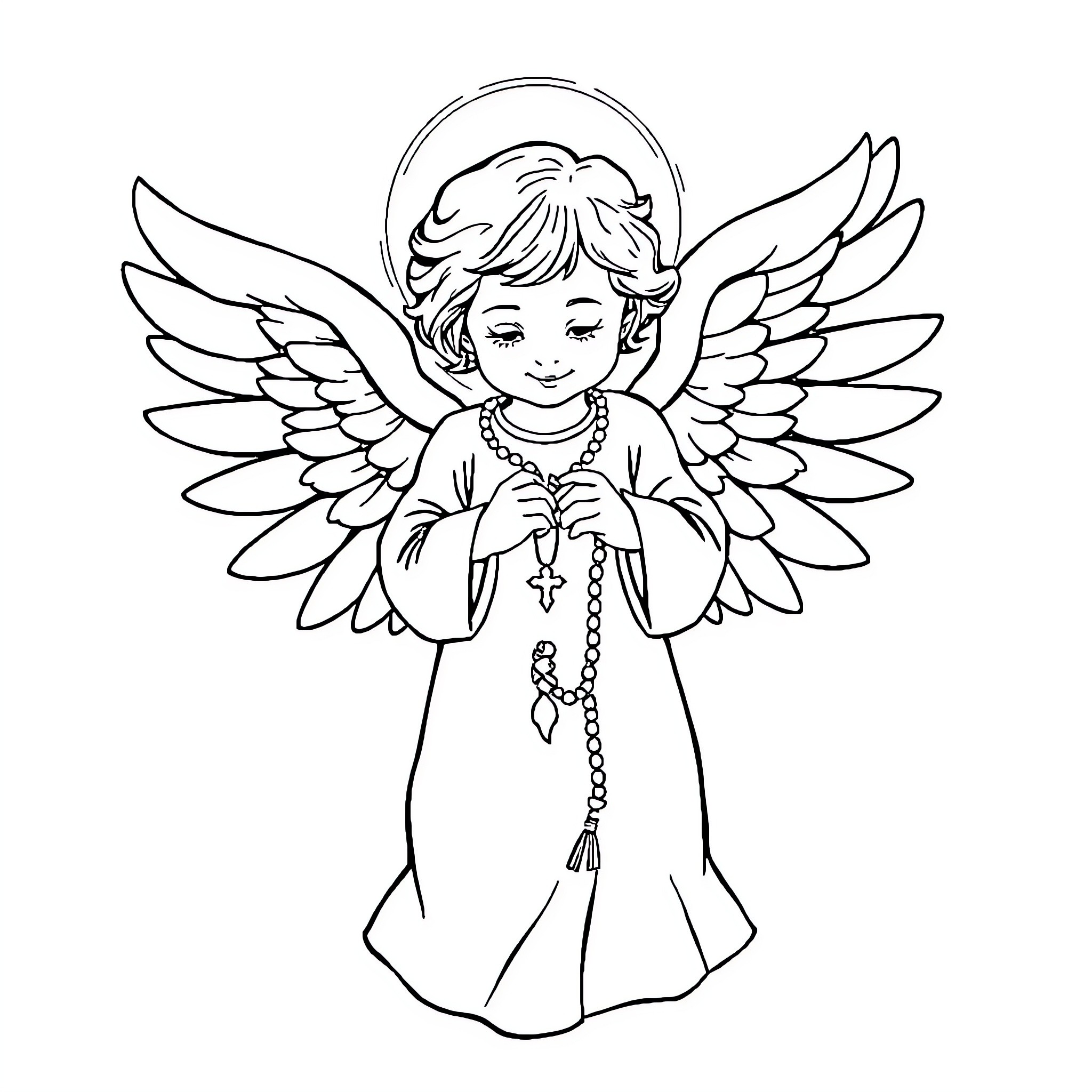 Angel praying with wings and rosary beads Coloring Page (free black-and-white line drawing printable PDF for all, from beginners to advanced learners, including children, teens, adults, and seniors)