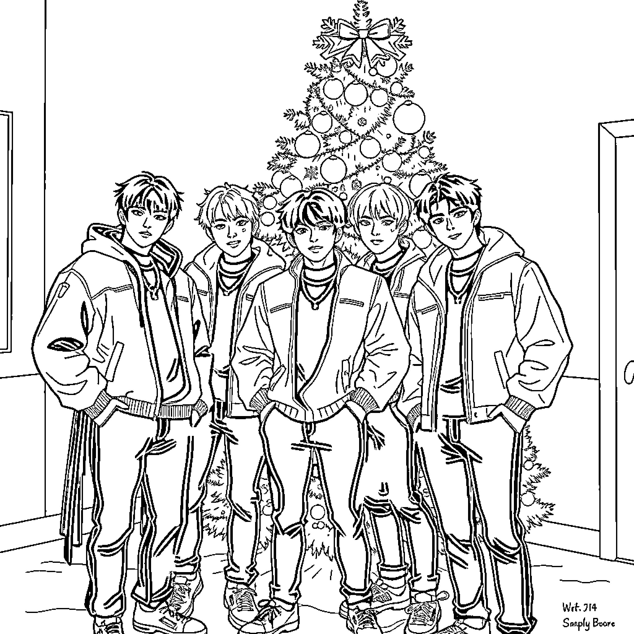 Demon Hunter Group Posing in Front of Christmas Tree Coloring Page (free black-and-white line drawing printable PDF for all, from beginners to advanced learners, including children, teens, adults, and seniors)