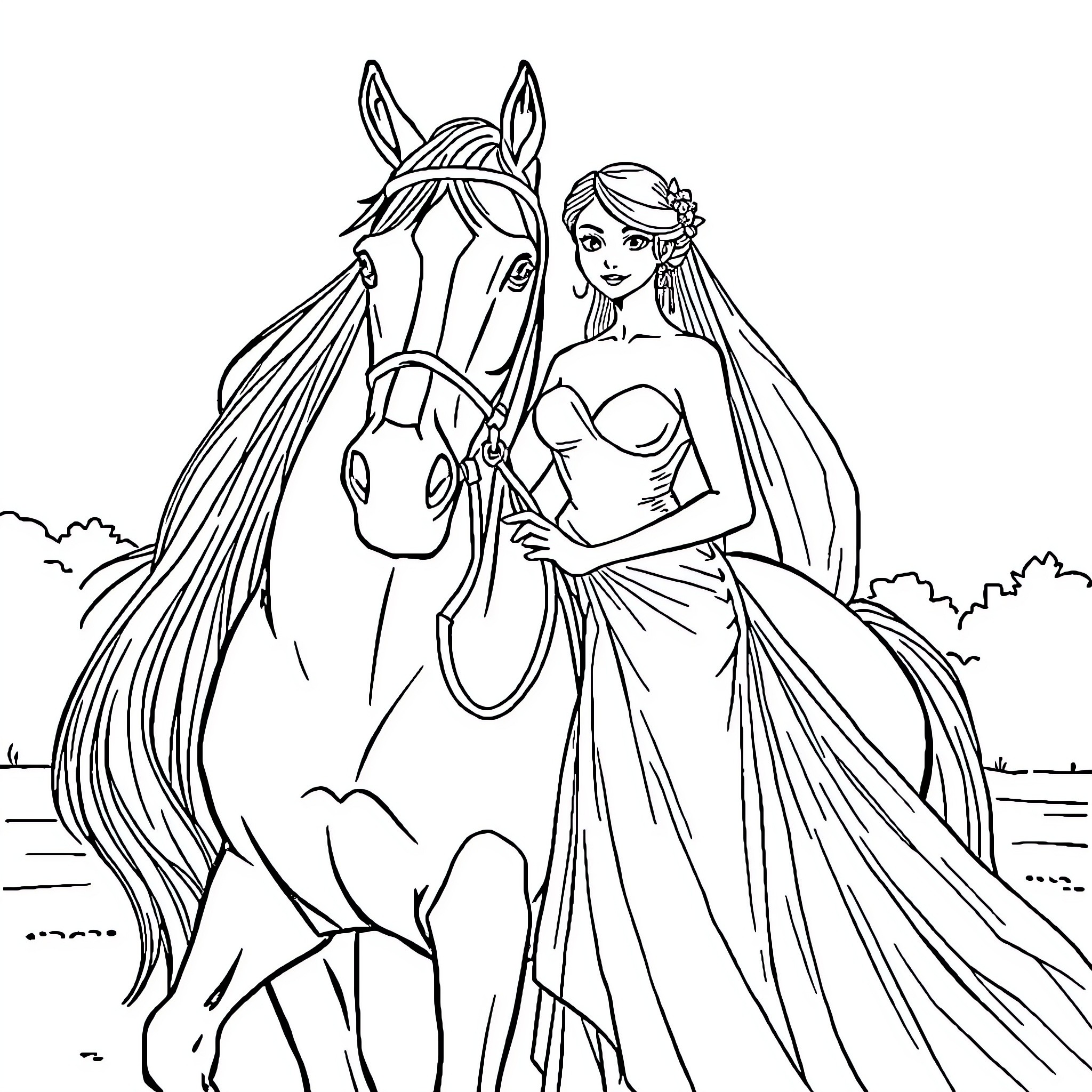 Bride riding a horse in the countryside Coloring Page (free black-and-white line drawing printable PDF for all, from beginners to advanced learners, including children, teens, adults, and seniors)