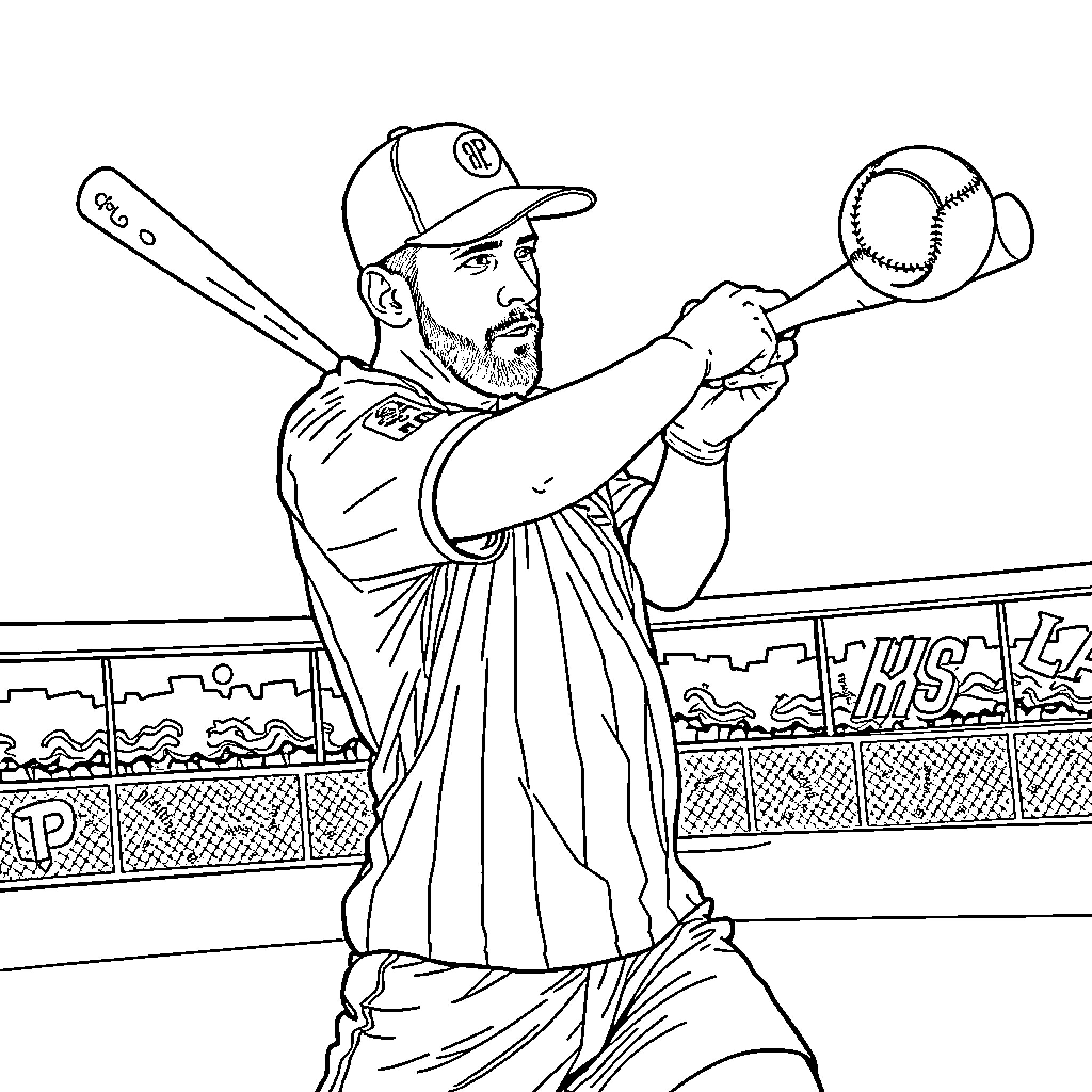 Messi batting in a baseball game Coloring Page (free black-and-white line drawing printable PDF for all, from beginners to advanced learners, including children, teens, adults, and seniors)