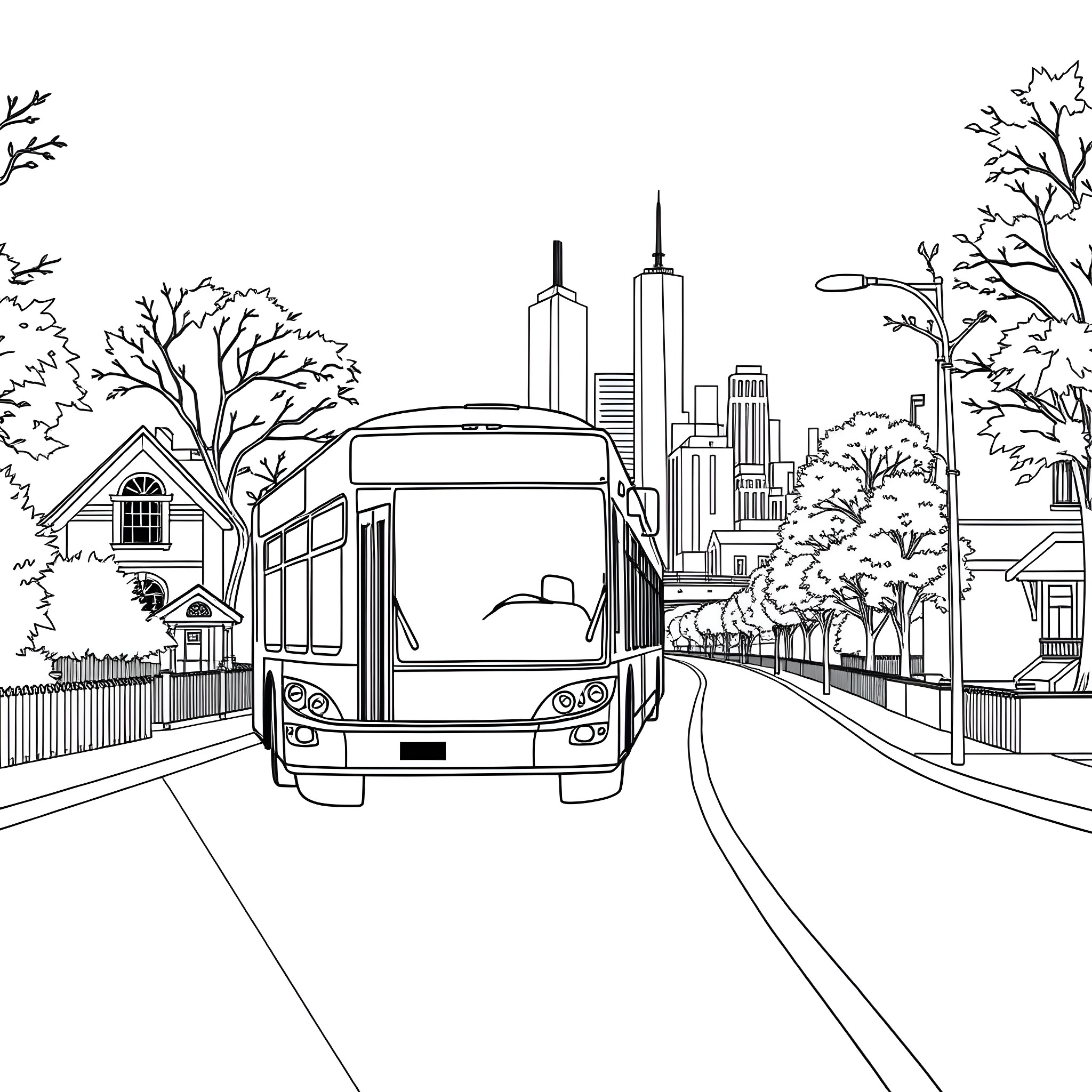 Bus traveling through urban city landscape Coloring Page (free black-and-white line drawing printable PDF for all, from beginners to advanced learners, including children, teens, adults, and seniors)