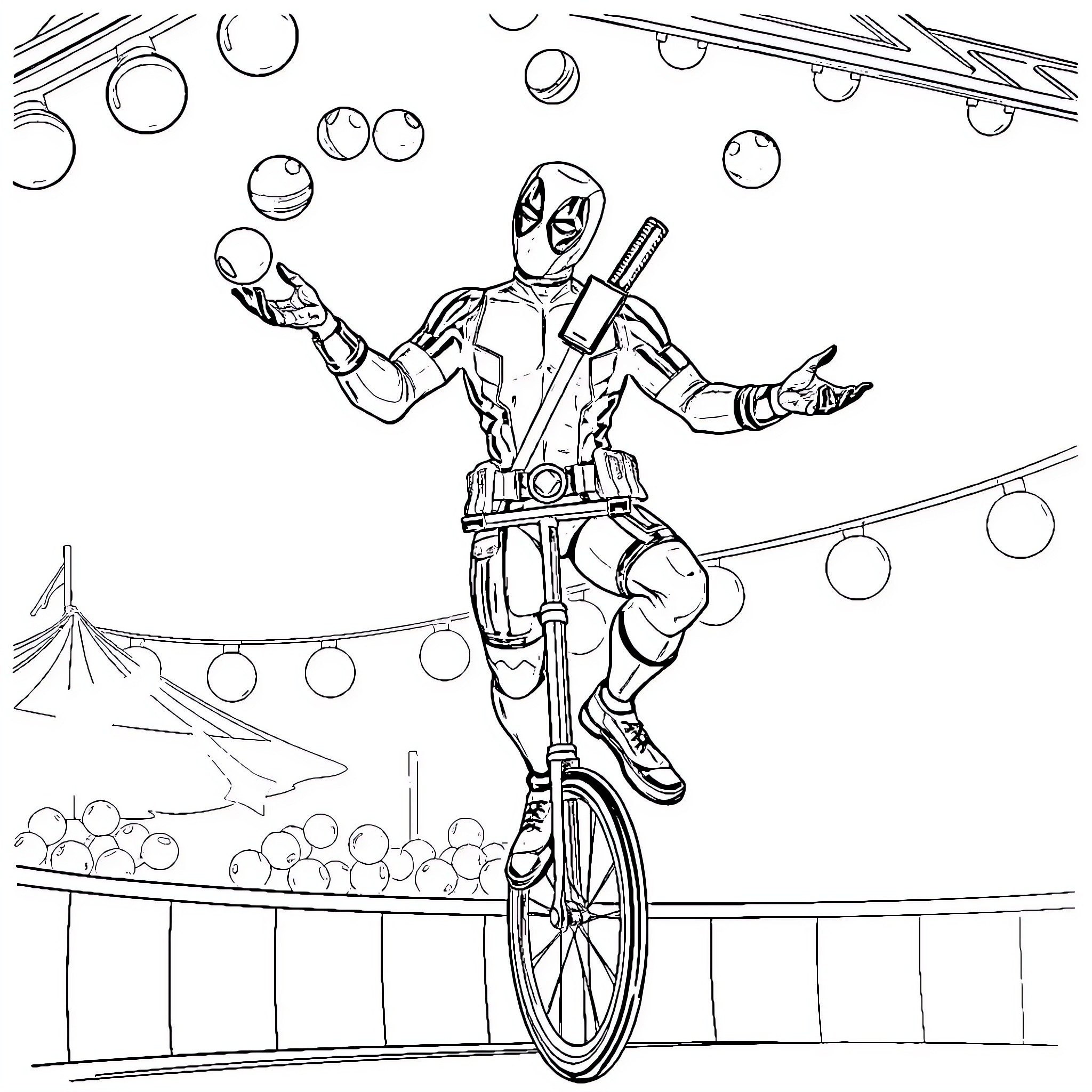 Deadpool's Acrobatic Performance at the Carnival Coloring Page (free black-and-white line drawing printable PDF for all, from beginners to advanced learners, including children, teens, adults, and seniors)