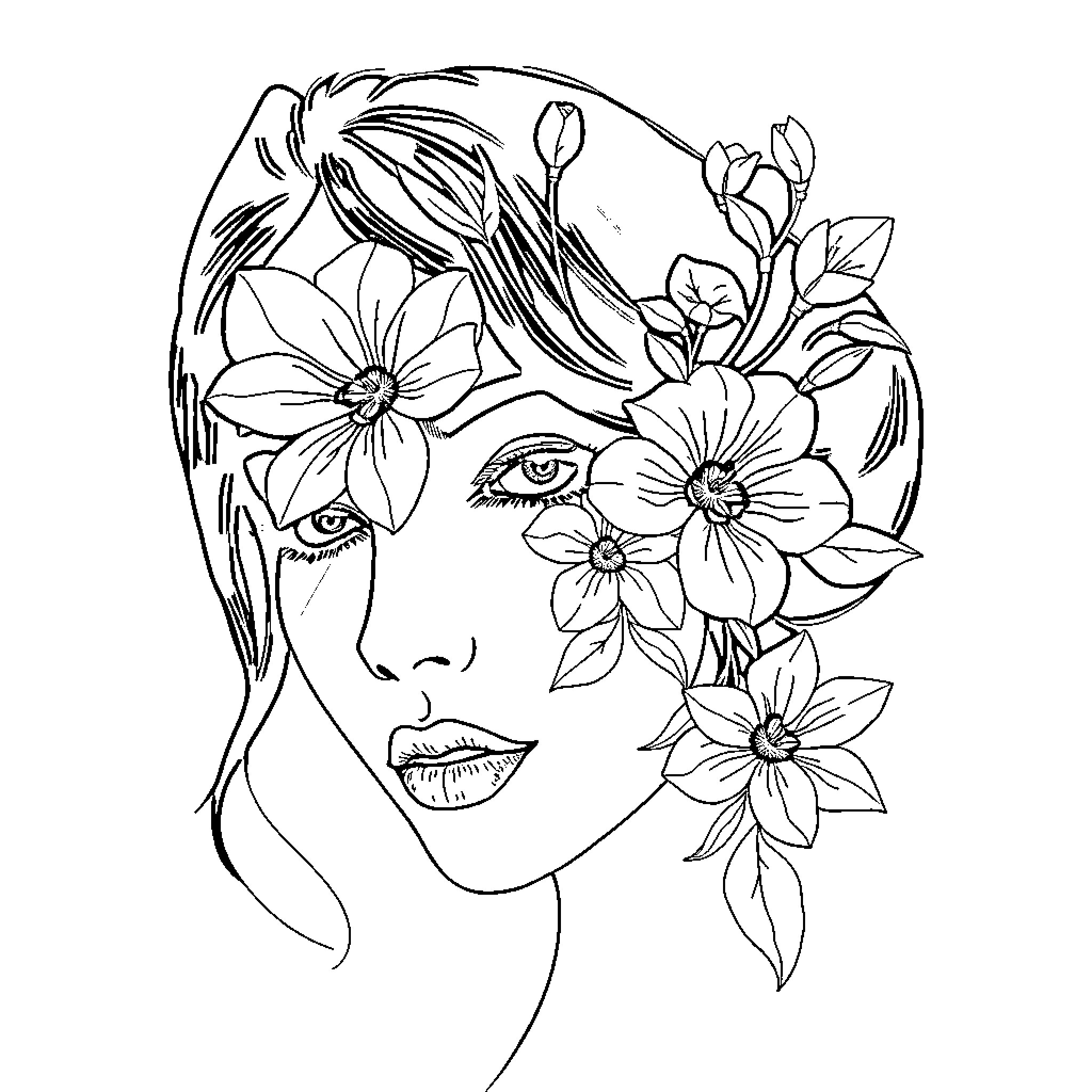 Human Face with Floral Adornments Coloring Page (free black-and-white line drawing printable PDF for all, from beginners to advanced learners, including children, teens, adults, and seniors)