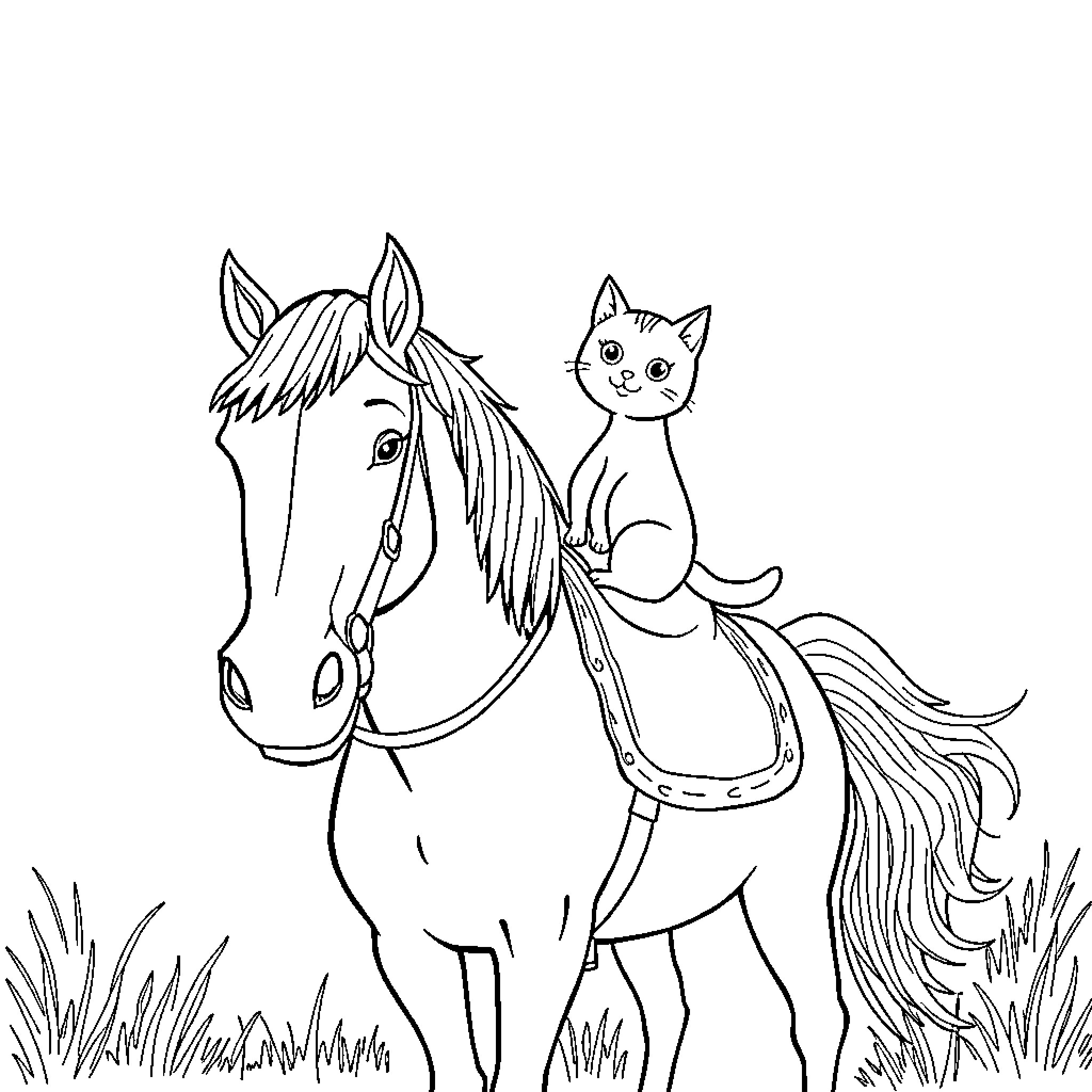 Cat riding on a playful horse Coloring Page (free black-and-white line drawing printable PDF for all, from beginners to advanced learners, including children, teens, adults, and seniors)