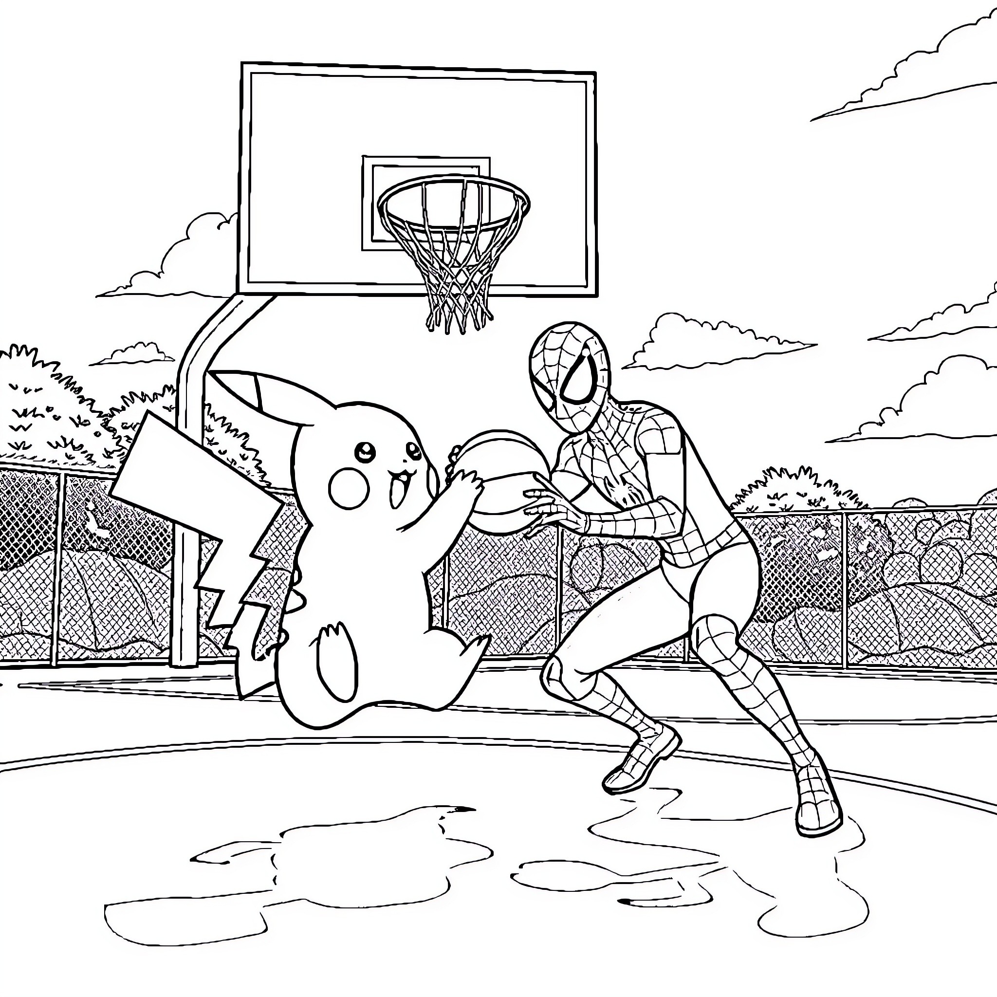 Pikachu and Spiderman playing basketball on the court Coloring Page (free black-and-white line drawing printable PDF for all, from beginners to advanced learners, including children, teens, adults, and seniors)
