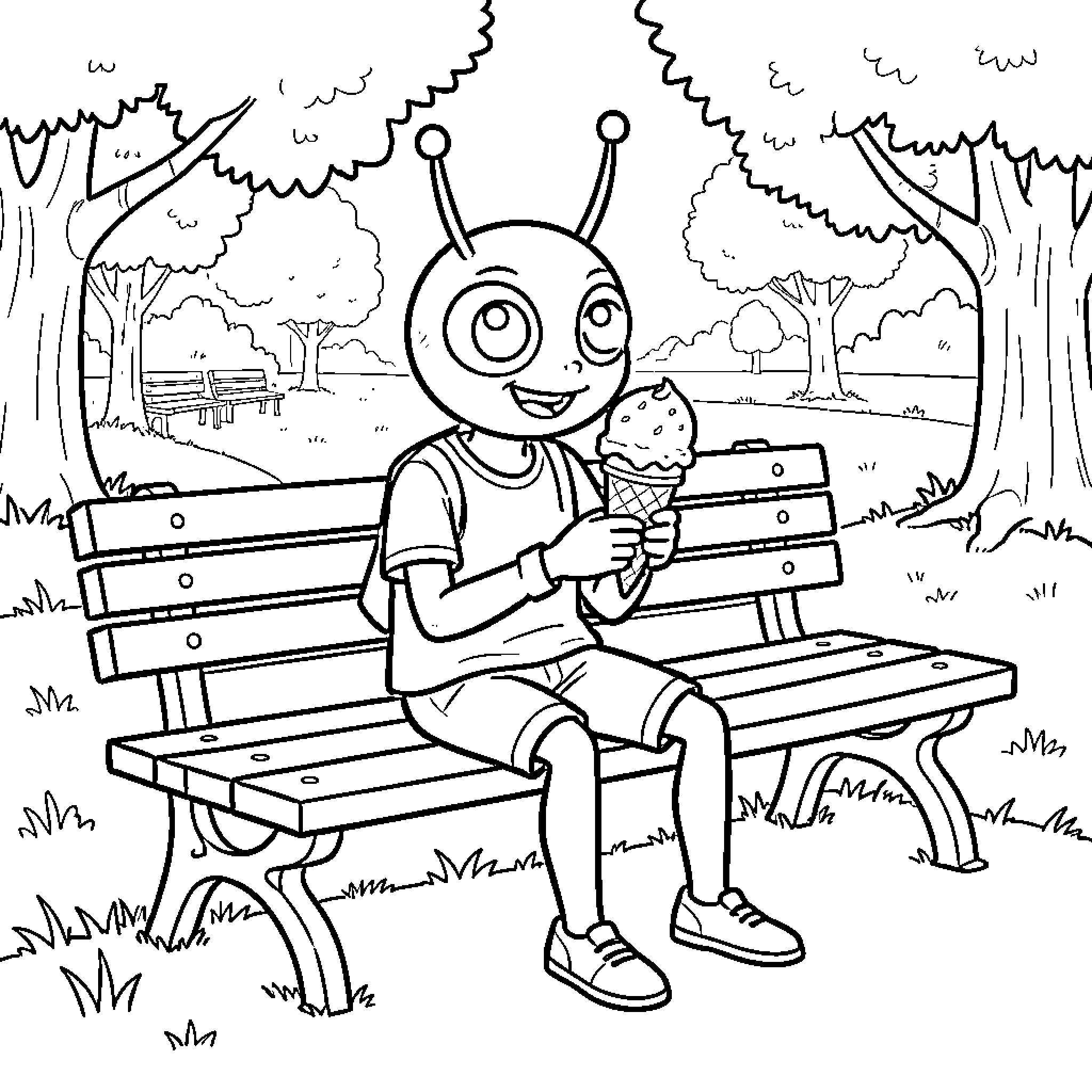 Spider character sitting on a park bench eating ice cream Coloring Page (free black-and-white line drawing printable PDF for all, from beginners to advanced learners, including children, teens, adults, and seniors)