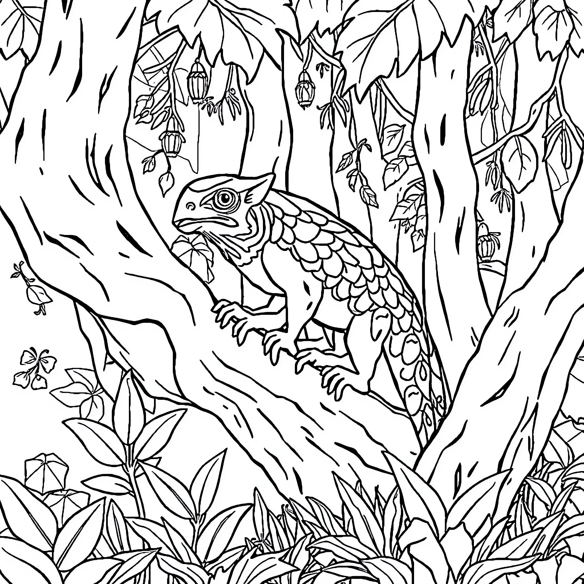Animal in a Lush Forest Habitat Coloring Page (free black-and-white line drawing printable PDF for all, from beginners to advanced learners, including children, teens, adults, and seniors)