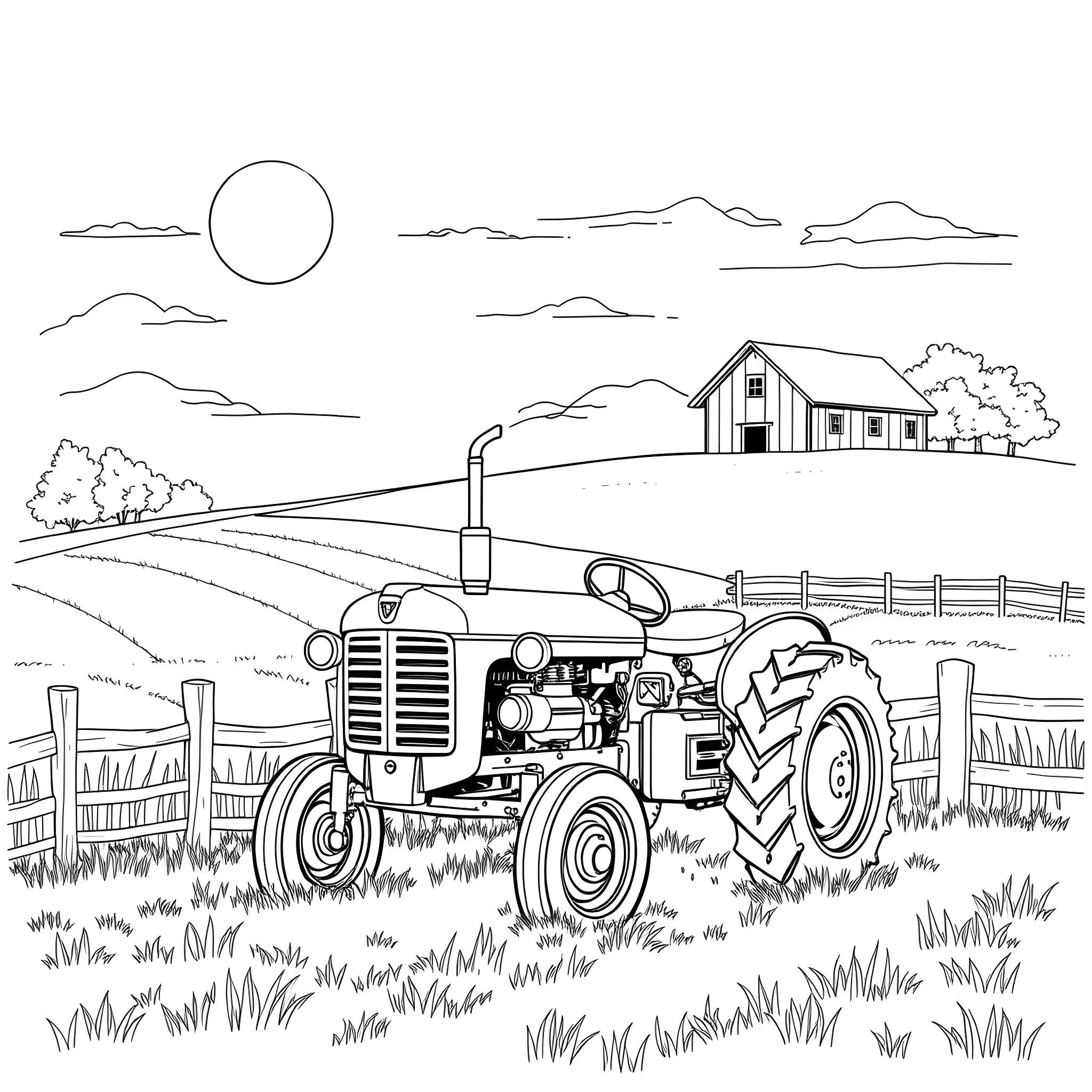 Tractor plowing the field on a sunny day Coloring Page (free black-and-white line drawing printable PDF for all, from beginners to advanced learners, including children, teens, adults, and seniors)