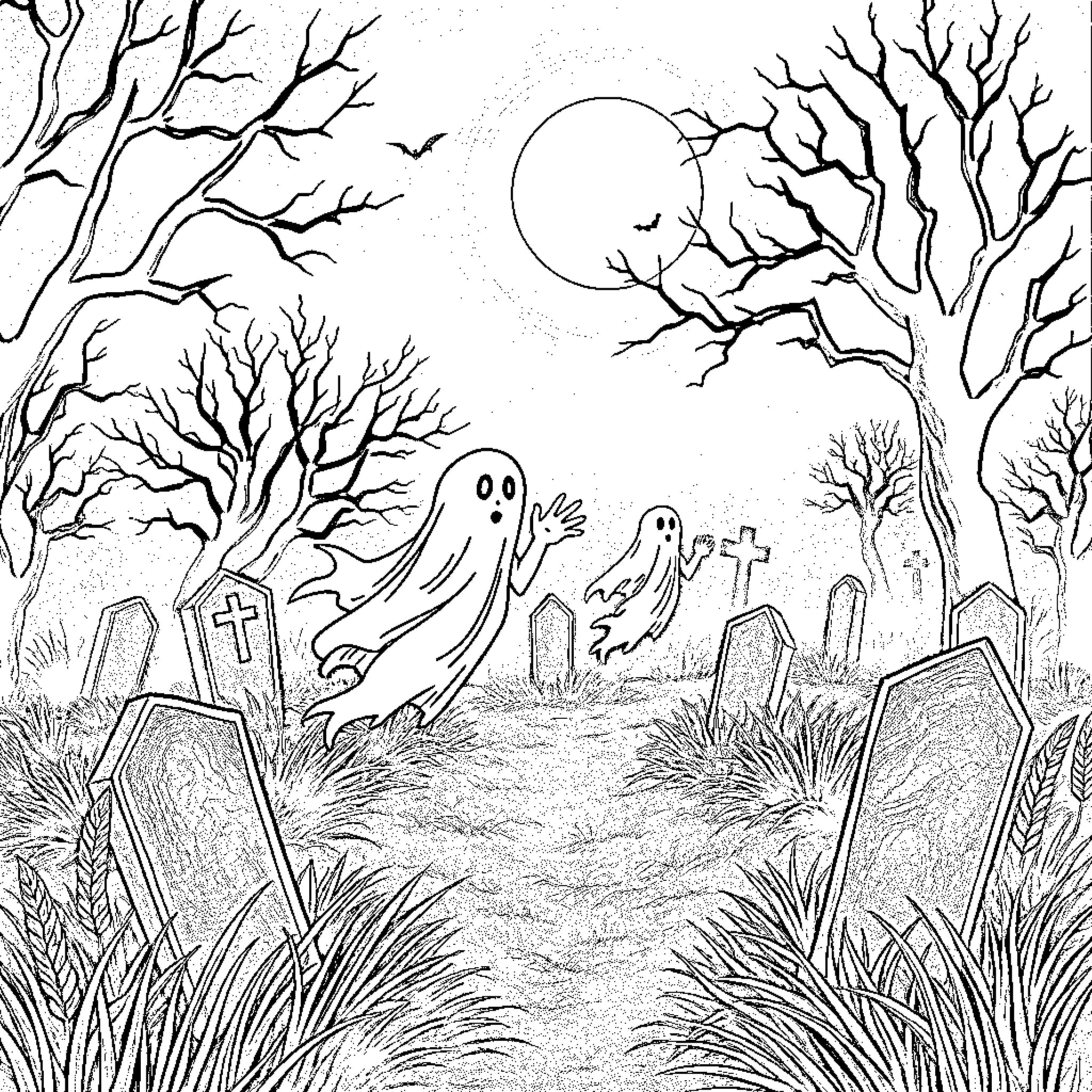 Ghost figures in a spooky graveyard scene Coloring Page (free black-and-white line drawing printable PDF for all, from beginners to advanced learners, including children, teens, adults, and seniors)