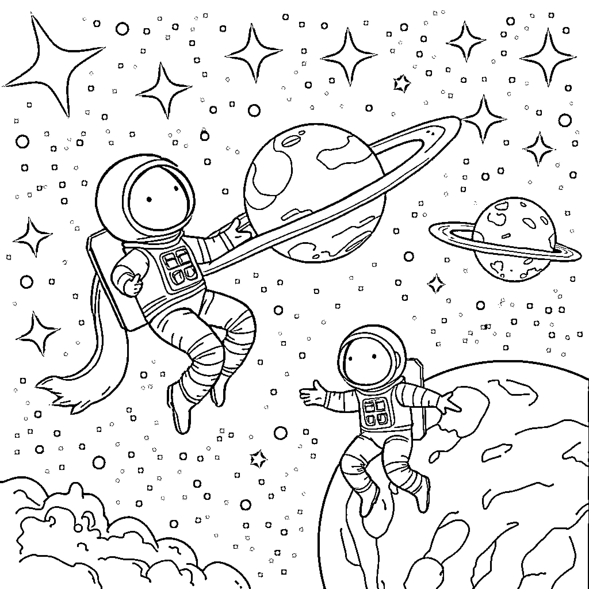 Spaceman exploring the wonders of the cosmos Coloring Page (free black-and-white line drawing printable PDF for all, from beginners to advanced learners, including children, teens, adults, and seniors)
