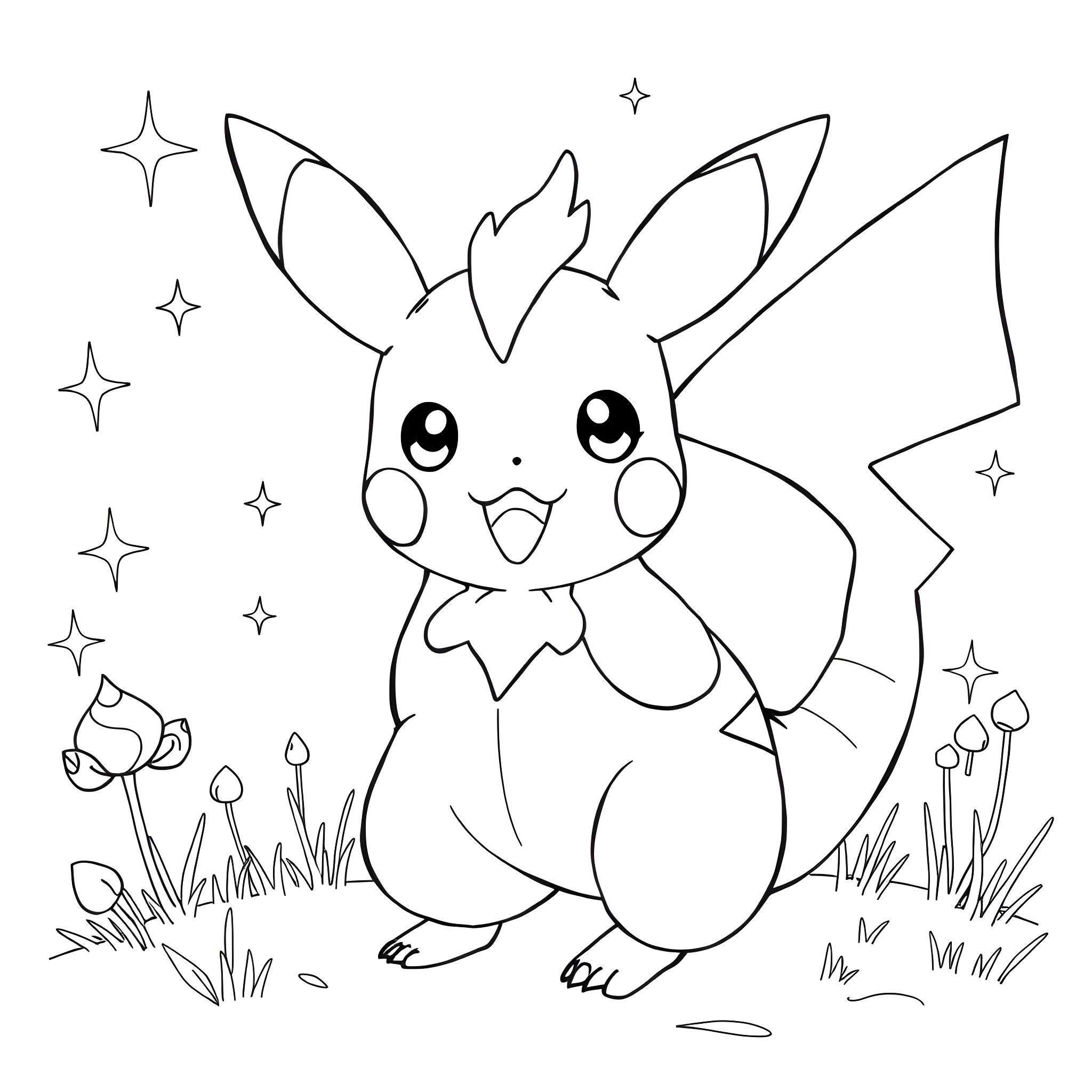 Pikachu playing happily in the starry night Coloring Page (free black-and-white line drawing printable PDF for all, from beginners to advanced learners, including children, teens, adults, and seniors)