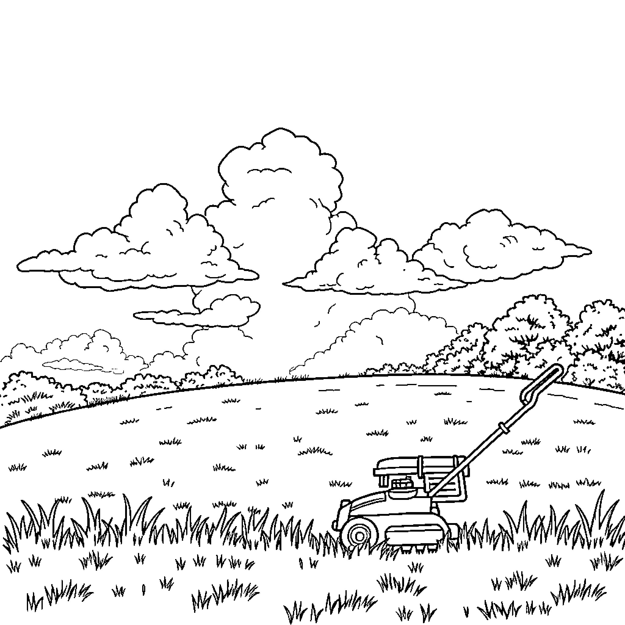 Lawn mower working on a grassy field Coloring Page (free black-and-white line drawing printable PDF for all, from beginners to advanced learners, including children, teens, adults, and seniors)