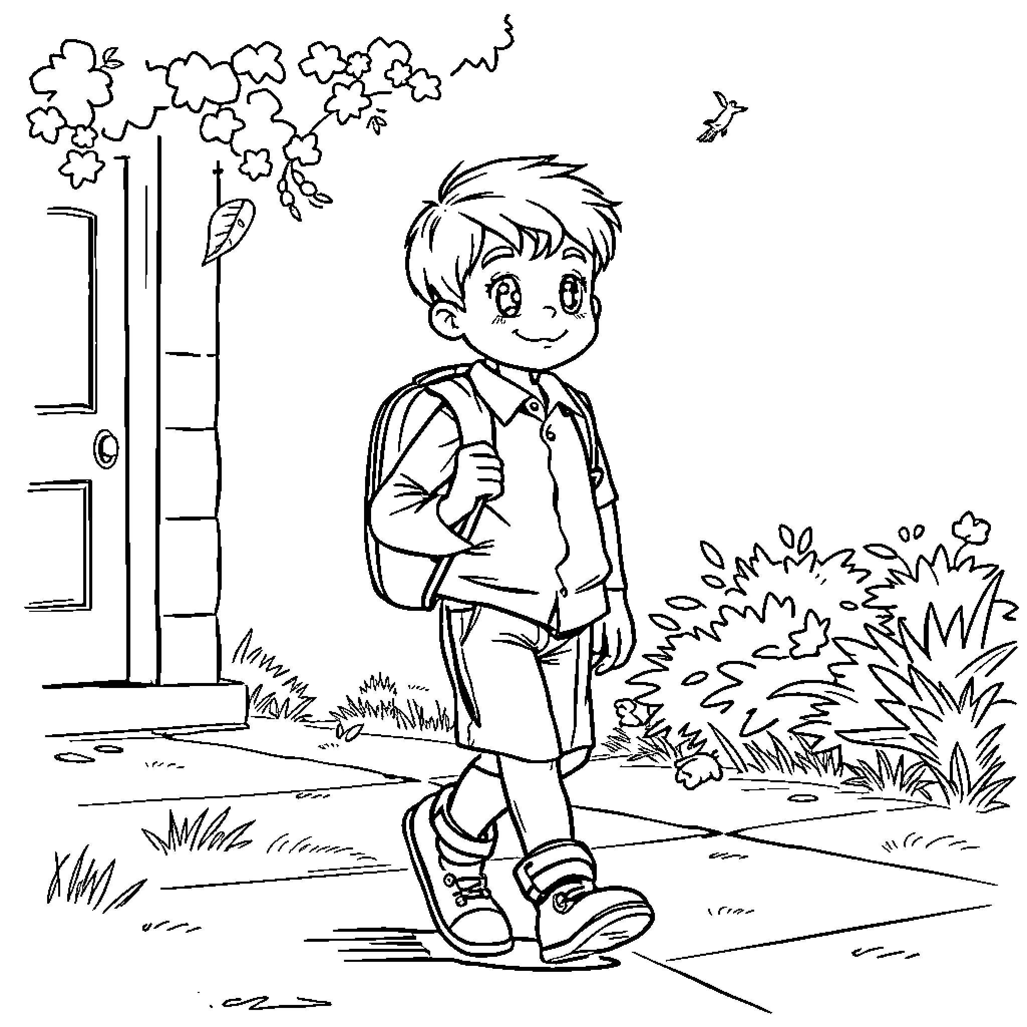 Boy walking happily on a path Coloring Page (free black-and-white line drawing printable PDF for all, from beginners to advanced learners, including children, teens, adults, and seniors)