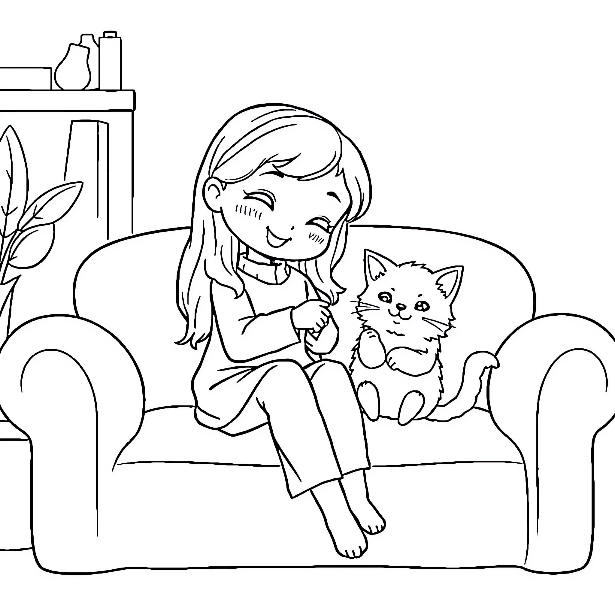 Girl cuddling her pet kitten on the couch Coloring Page (free black-and-white line drawing printable PDF for all, from beginners to advanced learners, including children, teens, adults, and seniors)