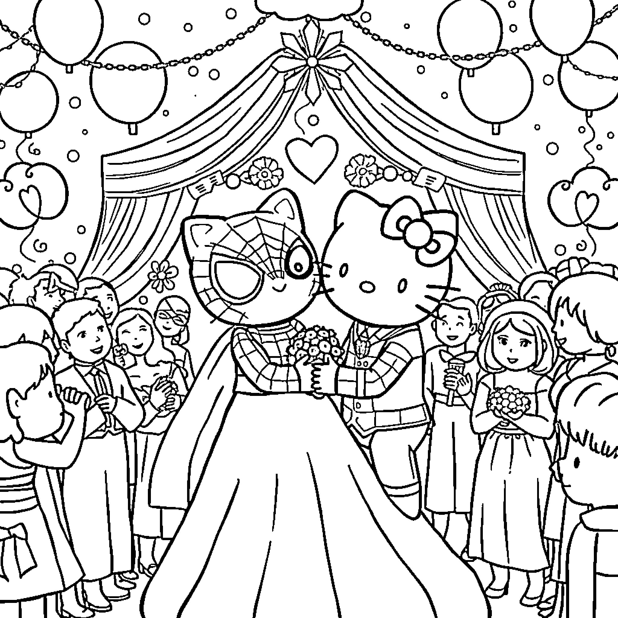 Hello Kitty Circus Celebration with Friends Coloring Page (free black-and-white line drawing printable PDF for all, from beginners to advanced learners, including children, teens, adults, and seniors)