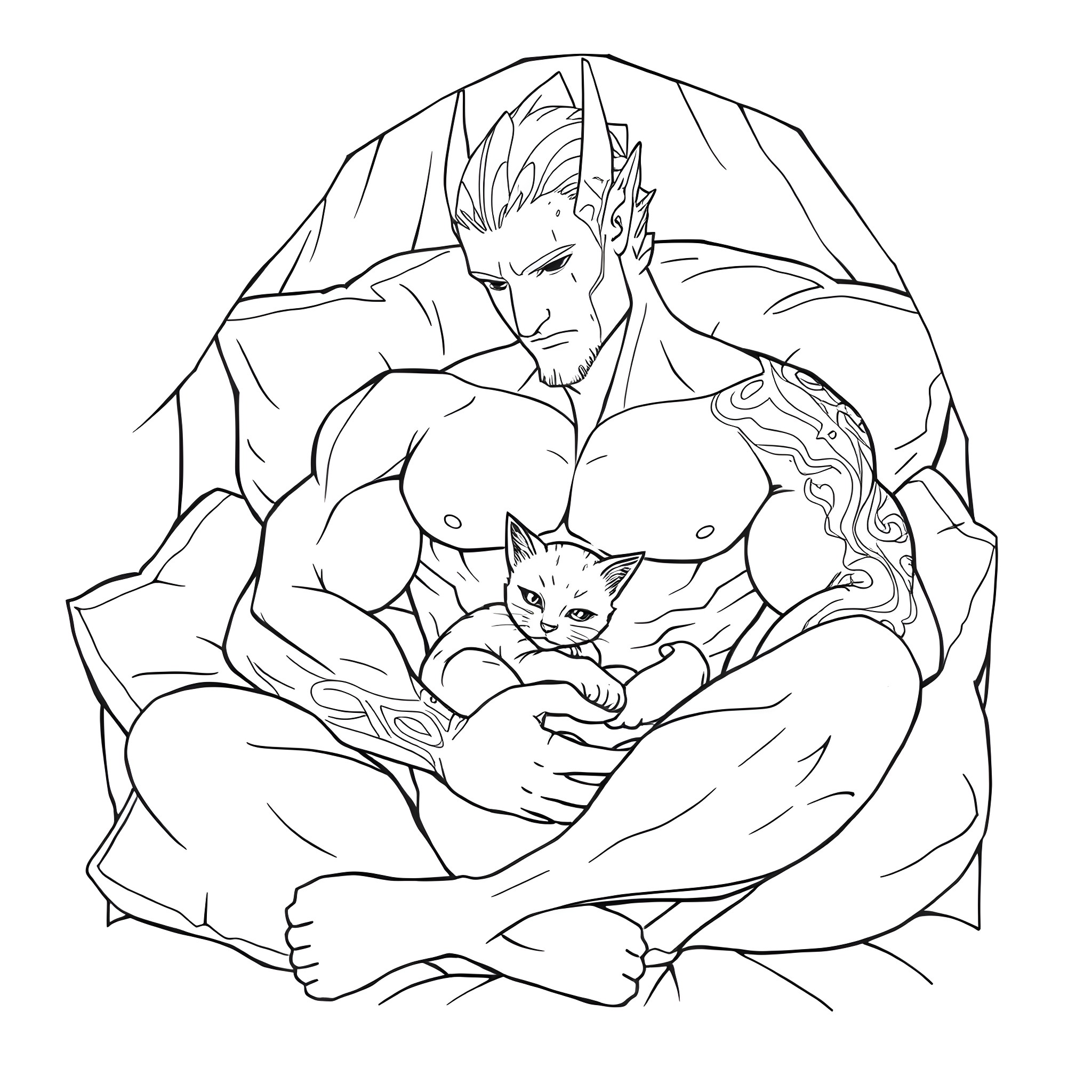 Fenris the Warrior Cradling a Kitten Coloring Page (free black-and-white line drawing printable PDF for all, from beginners to advanced learners, including children, teens, adults, and seniors)