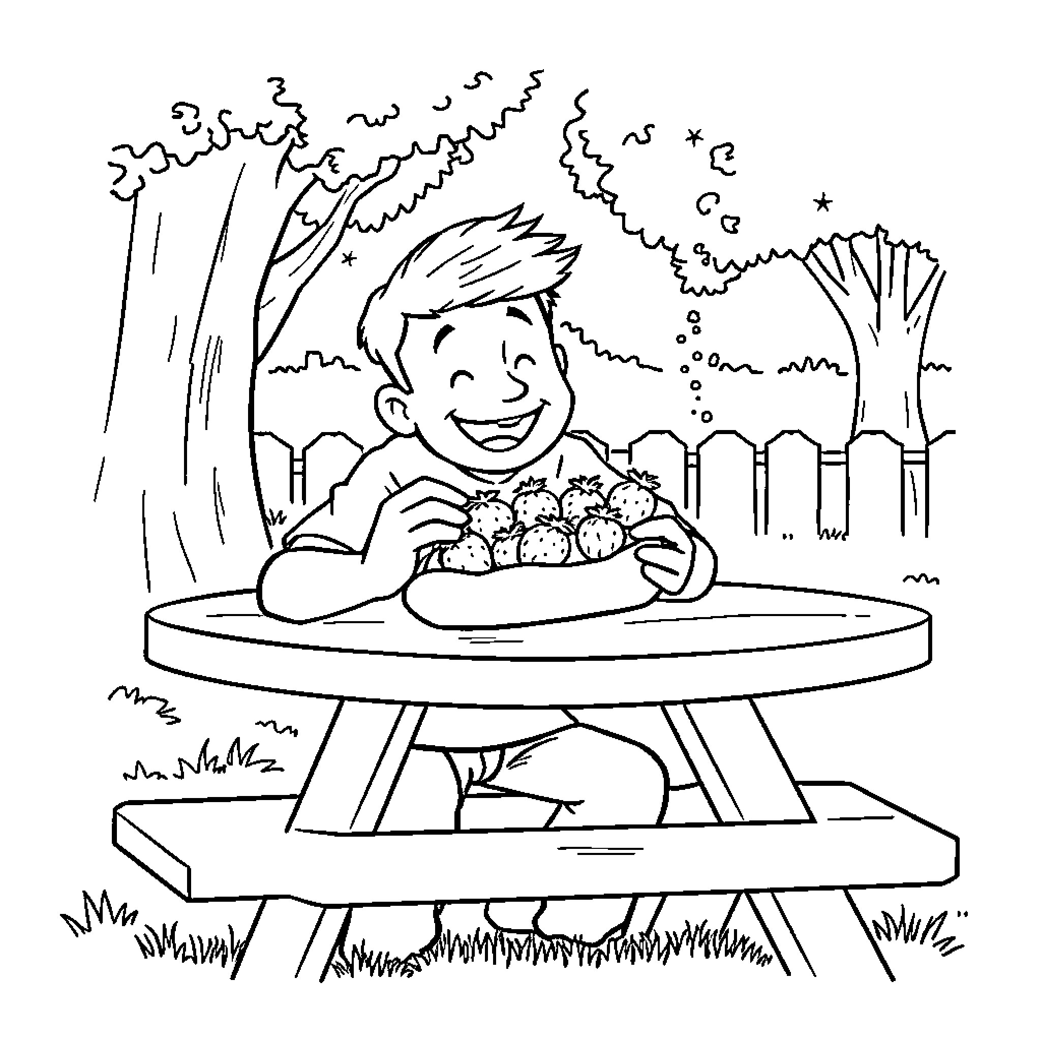 Guy enjoying a picnic in the park Coloring Page (free black-and-white line drawing printable PDF for all, from beginners to advanced learners, including children, teens, adults, and seniors)