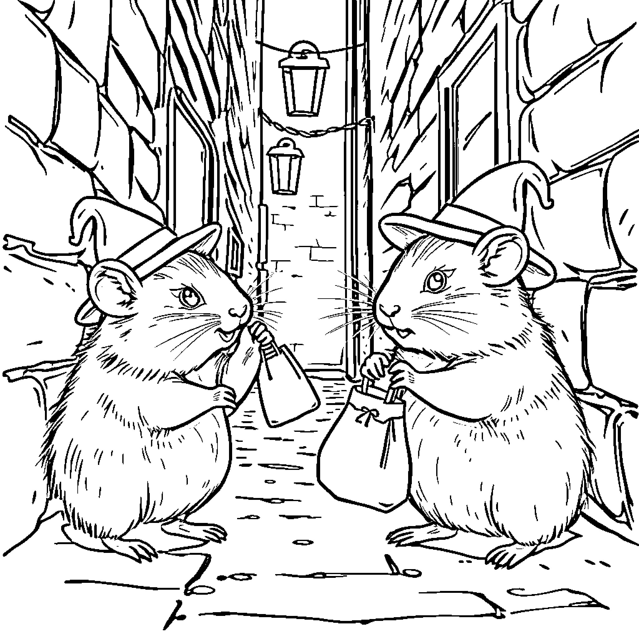 Hamsters exploring an alley at night Coloring Page (free black-and-white line drawing printable PDF for all, from beginners to advanced learners, including children, teens, adults, and seniors)