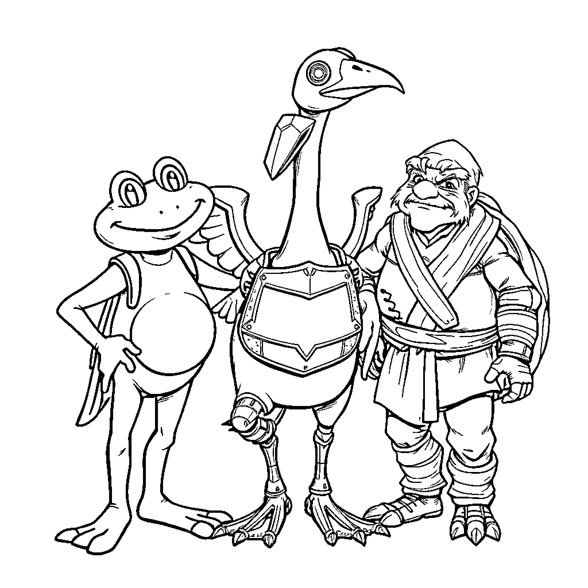 Frog trio in quirky outfits and poses Coloring Page (free black-and-white line drawing printable PDF for all, from beginners to advanced learners, including children, teens, adults, and seniors)