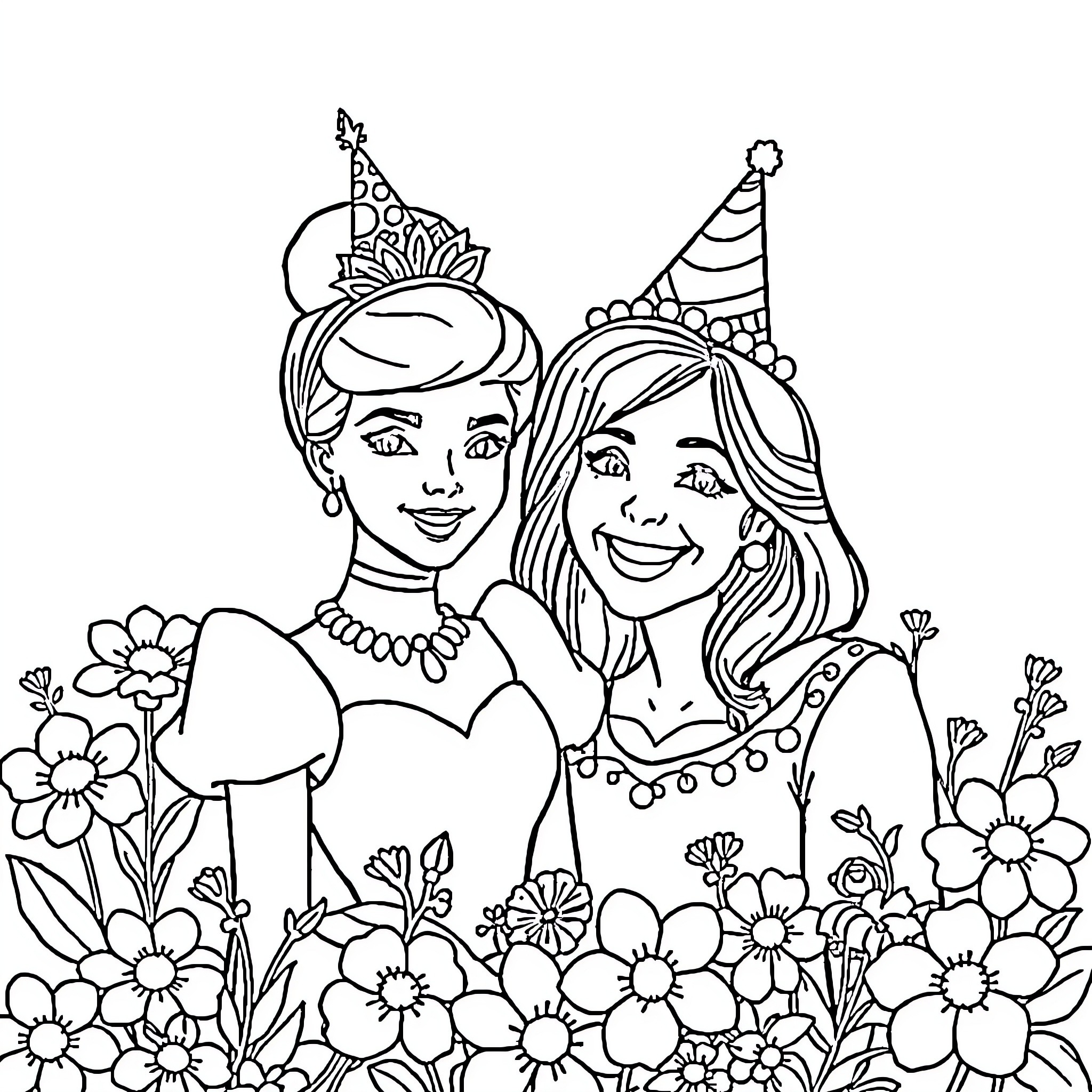 Cinderella and friends celebrating with flowers Coloring Page (free black-and-white line drawing printable PDF for all, from beginners to advanced learners, including children, teens, adults, and seniors)