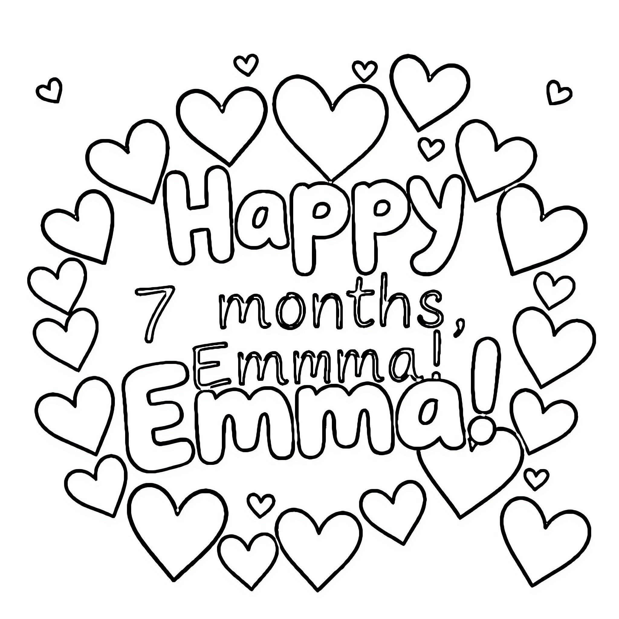 Emma's cheerful 7-month anniversary celebration Coloring Page (free black-and-white line drawing printable PDF for all, from beginners to advanced learners, including children, teens, adults, and seniors)