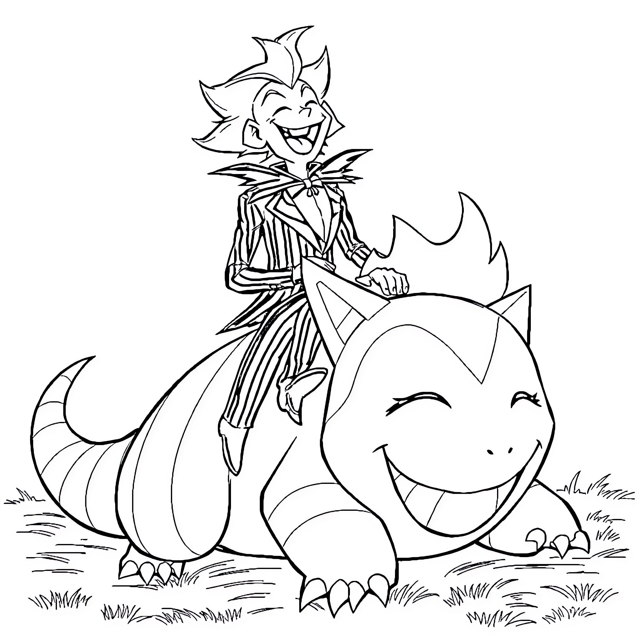 Beetlejuice riding a monstrous creature in the meadow Coloring Page (free black-and-white line drawing printable PDF for all, from beginners to advanced learners, including children, teens, adults, and seniors)