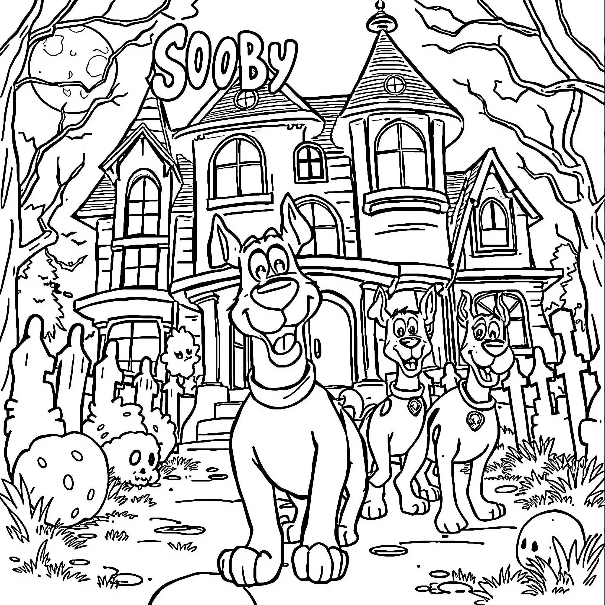 Scooby Doo and friends explore the haunted mansion Coloring Page (free black-and-white line drawing printable PDF for all, from beginners to advanced learners, including children, teens, adults, and seniors)
