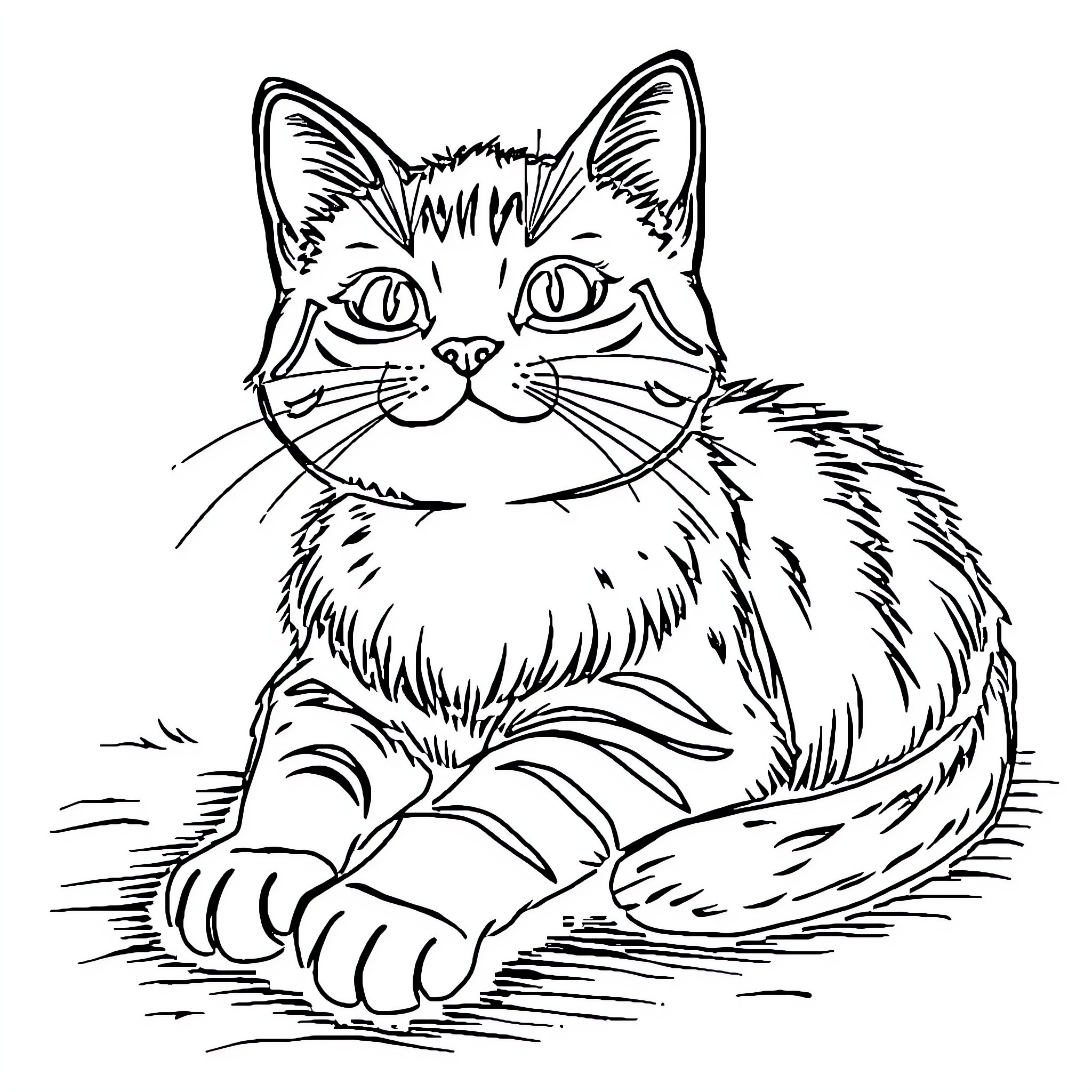 Cat curled up comfortably on the ground Coloring Page (free black-and-white line drawing printable PDF for all, from beginners to advanced learners, including children, teens, adults, and seniors)