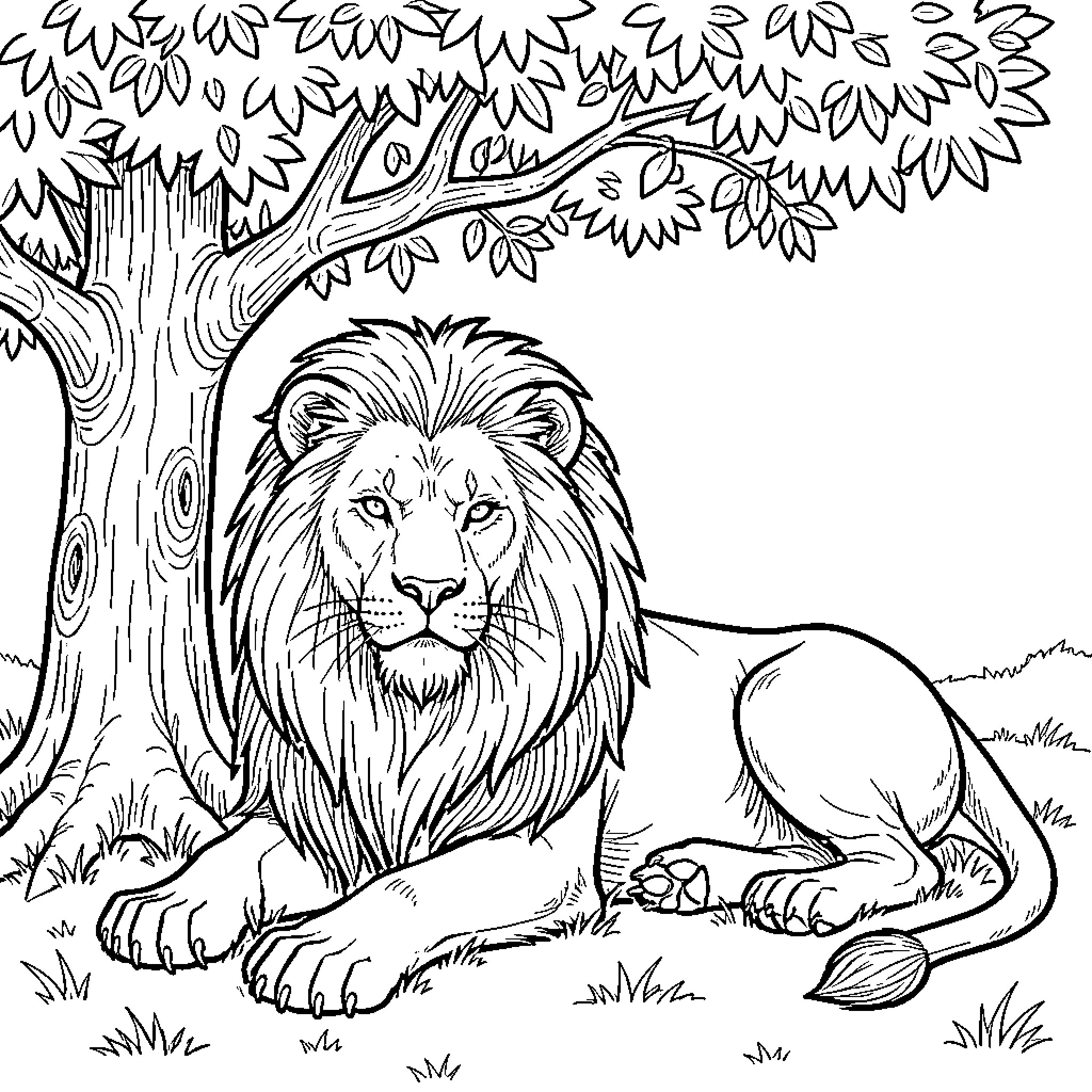 Lion Resting Peacefully Under a Shady Tree Coloring Page (free black-and-white line drawing printable PDF for all, from beginners to advanced learners, including children, teens, adults, and seniors)