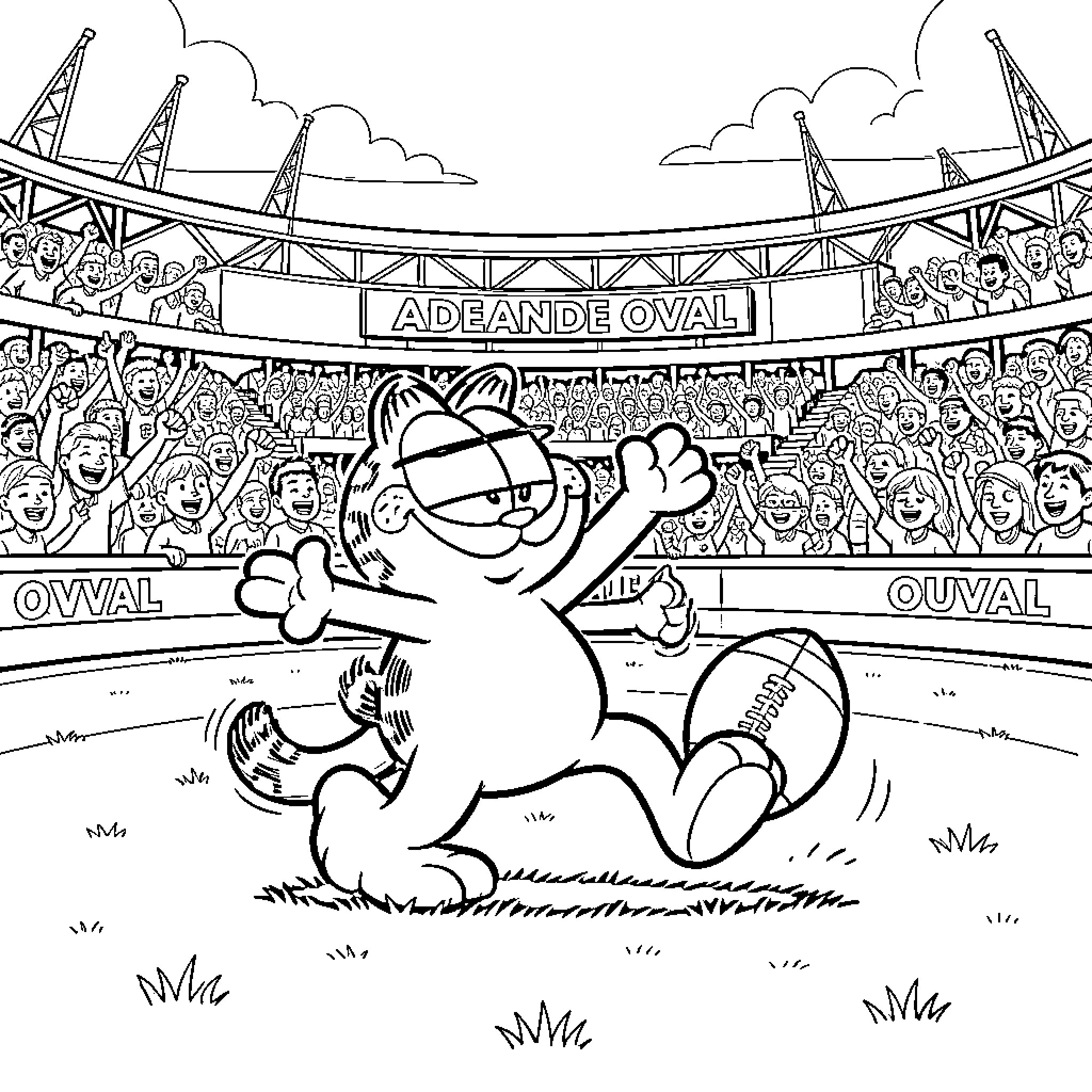 Garfield playing football in a crowded stadium Coloring Page (free black-and-white line drawing printable PDF for all, from beginners to advanced learners, including children, teens, adults, and seniors)